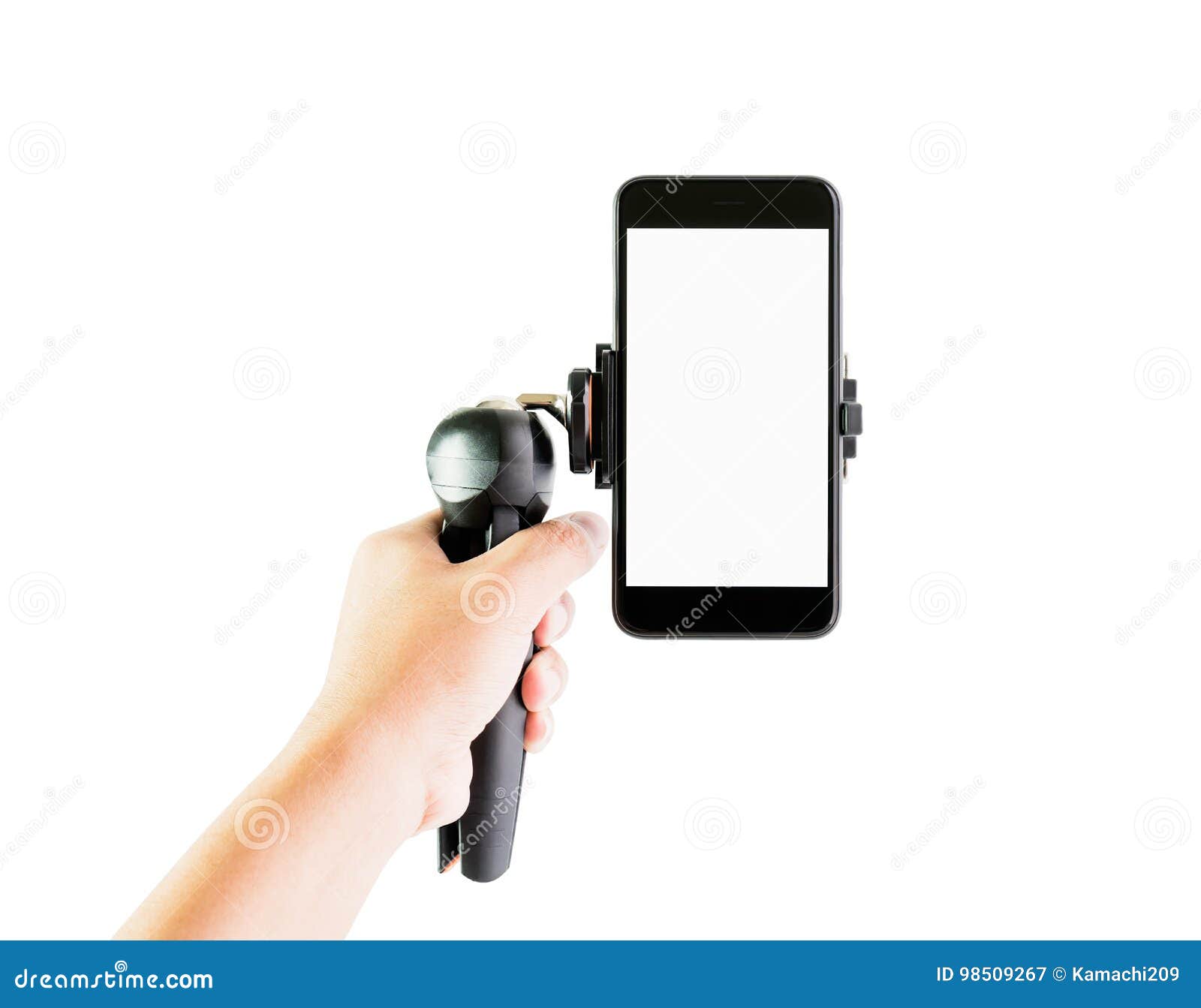 men hold equipment to make phone to reduce vibration. make a slide up and make video easier, on  white background