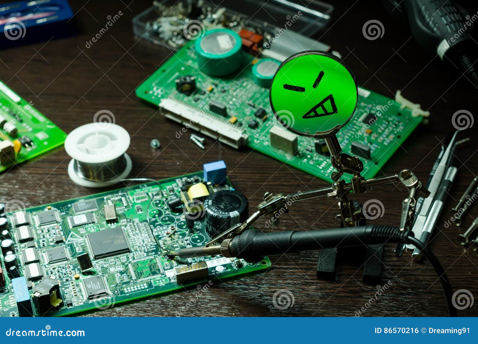 Men Repair with Magnifying Glass Electronic Board Stock Photo Image