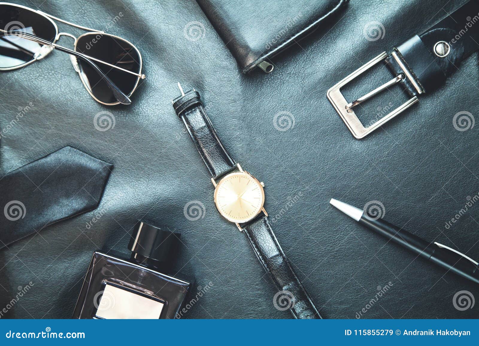 Men`s Accessories on the Black Leather Background. Stock Image - Image ...