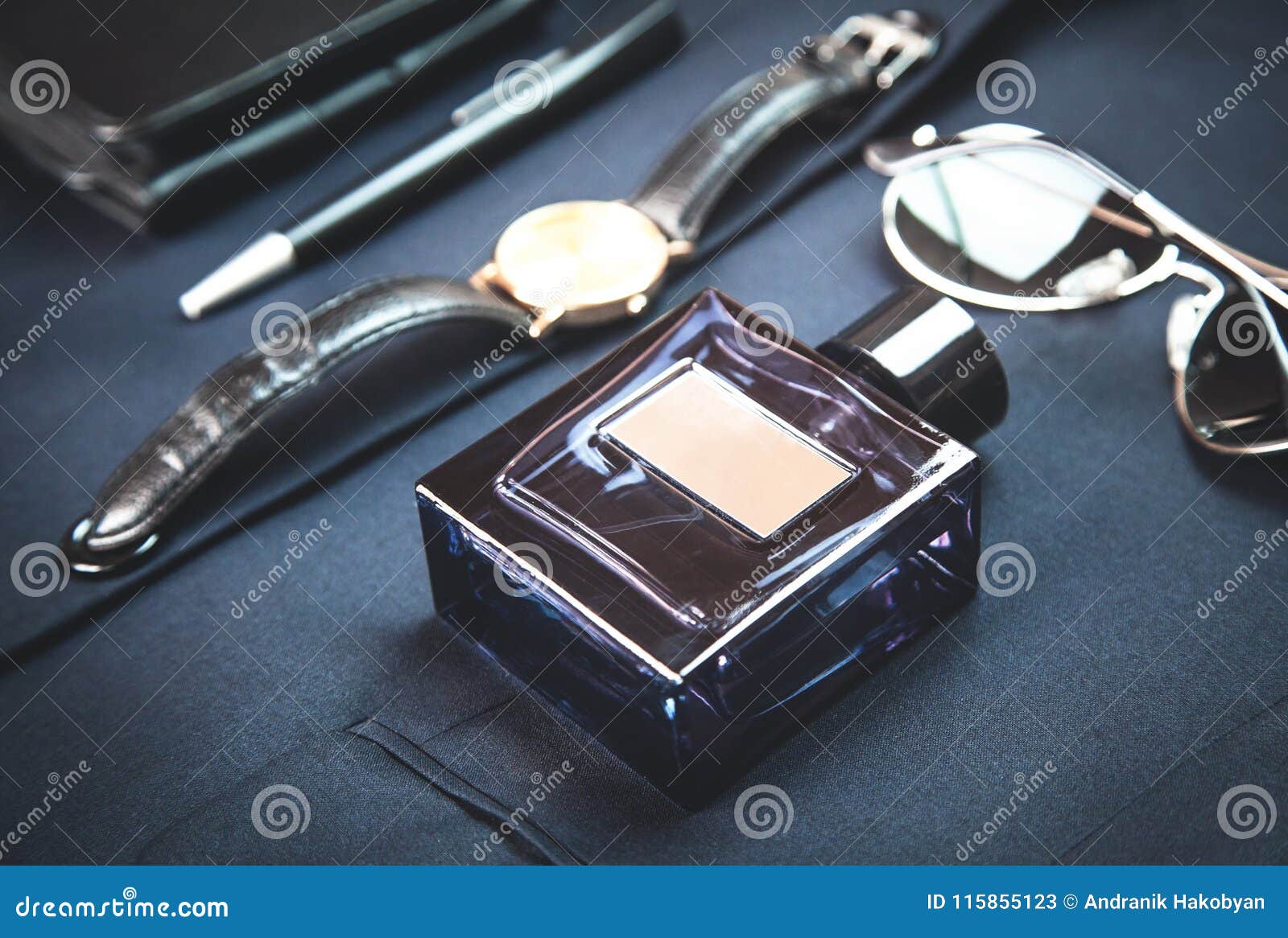 men`s accessories on the dark blue background.