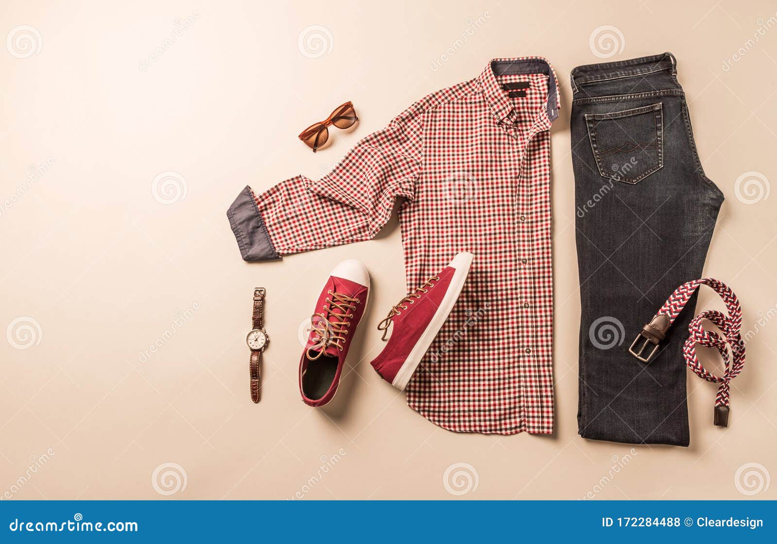 Men`s Casual Fashion Outfit - Jeans, Plaid Shirt and Red Sneakers Stock  Photo - Image of male, plaid: 172284488