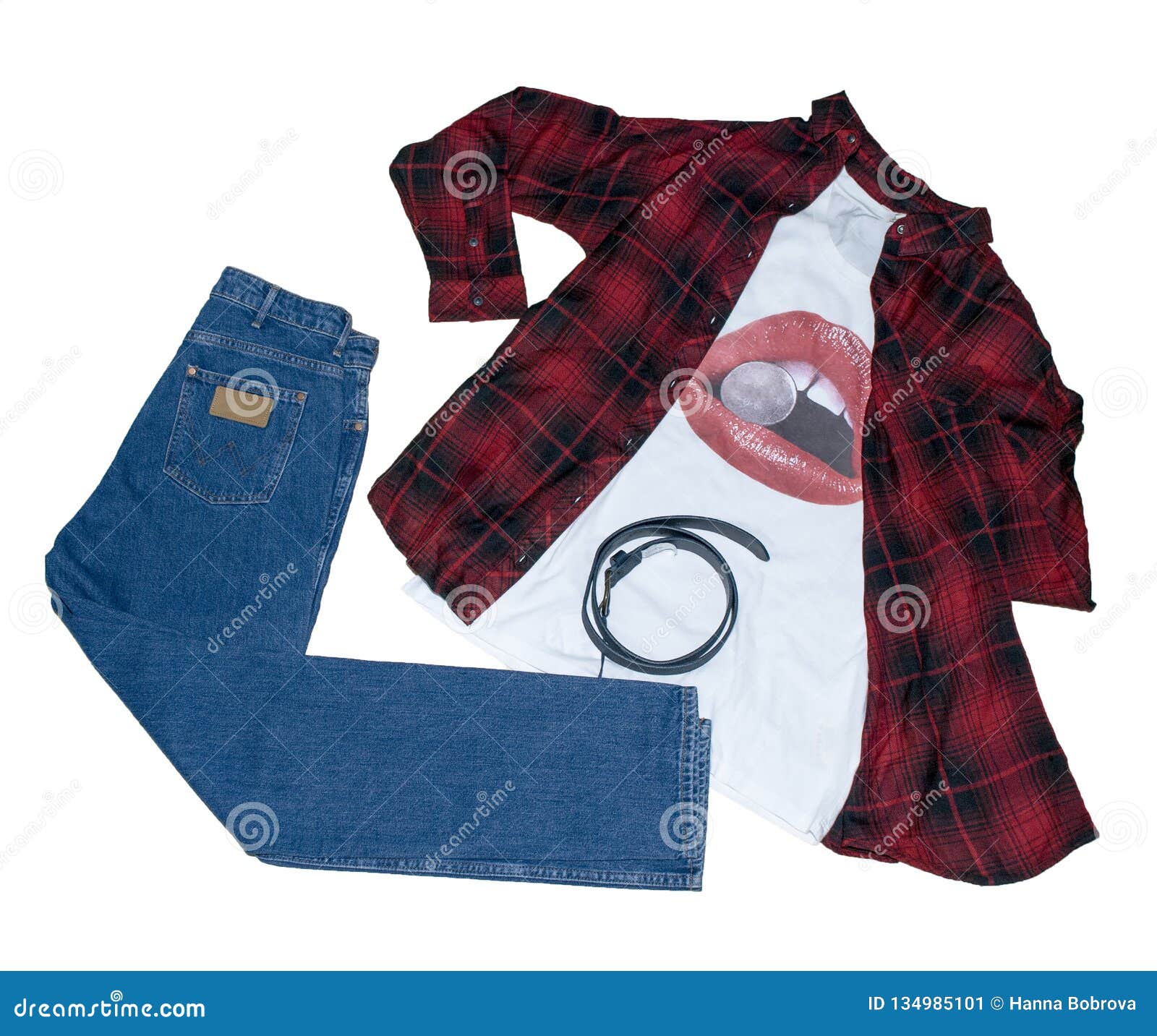 Men`s Casual Outfits for Man Clothing Set with Blue Jeans, Belt, T- Shirt  Isolated on White Background, Top View Stock Image - Image of hipster,  collection: 134985101