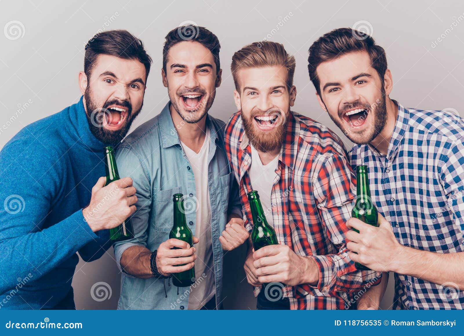 Men`s Club. Four Crazy Friends Guys are Screaming with Bottles I ...