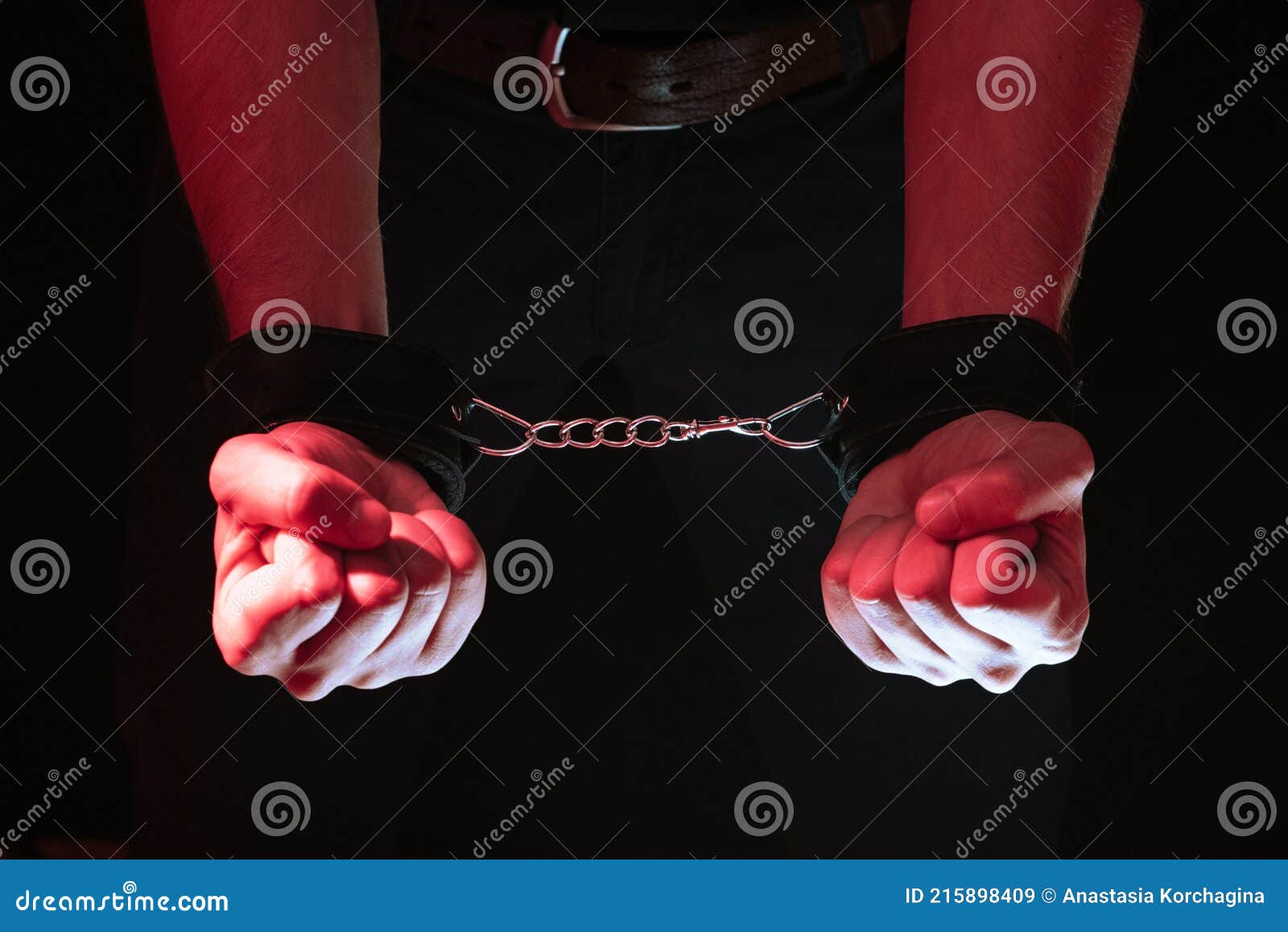 Men S Hands Chained In Leather Handcuffs For Bdsm Sex Behind His Back