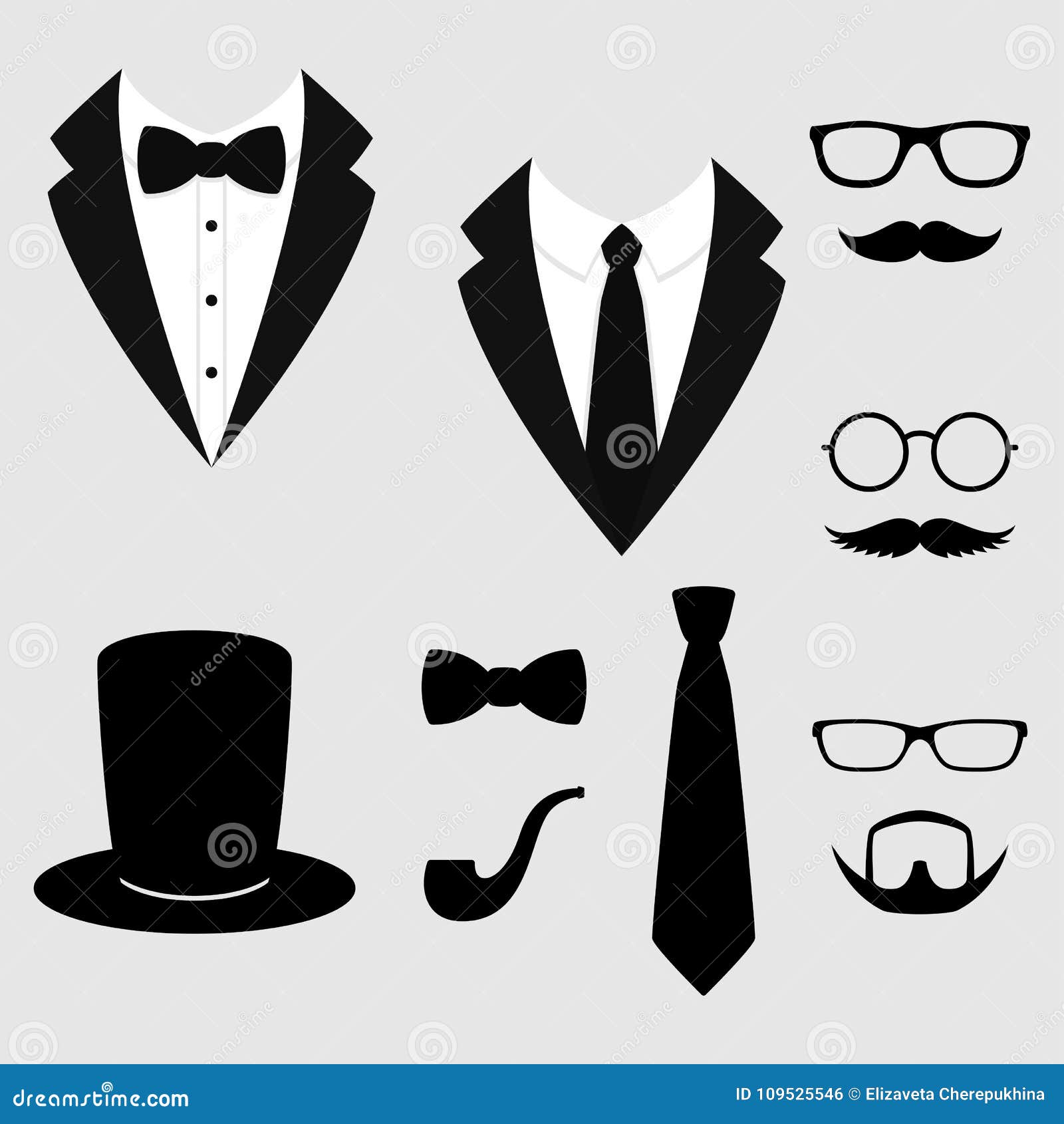 men`s jackets. tuxedo with mustaches, glasses, beard, pipe and top hat. weddind suits with bow tie and with necktie.  icon.