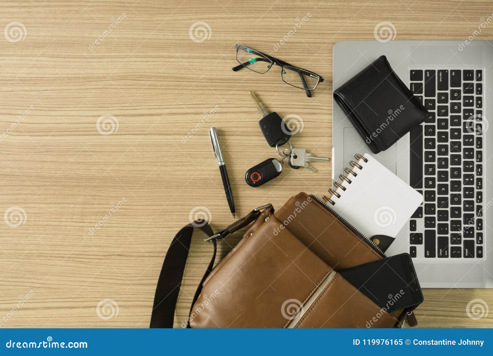 Men S Leather Bag And Laptop On Wood Background Stock Image