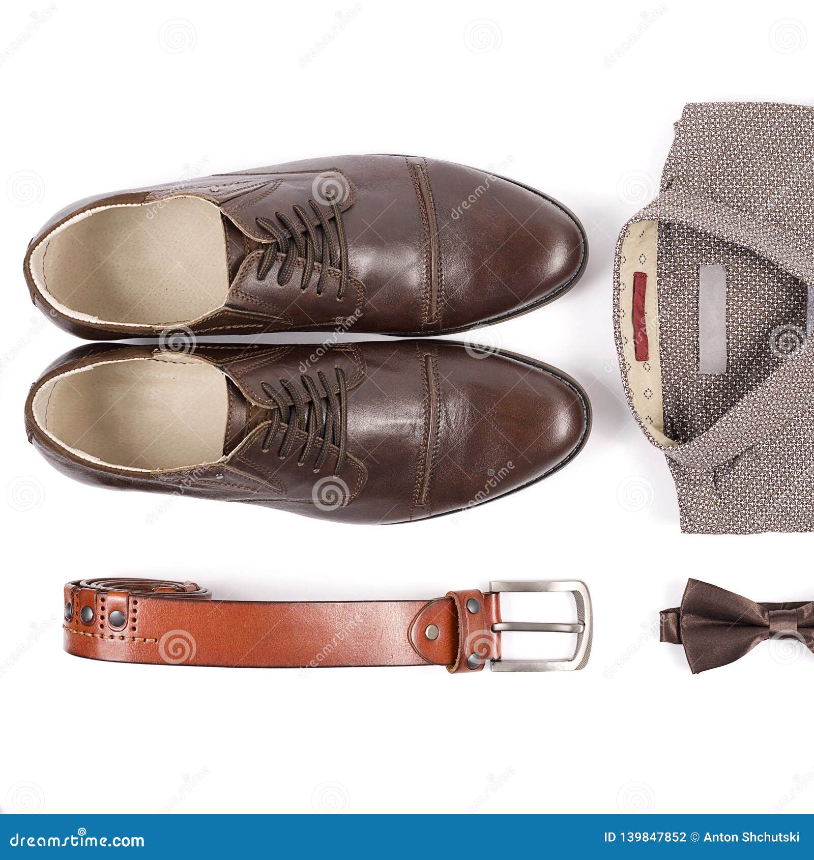 Men`s Leather Brown Shoes and Belt on a White Background Stock Photo - Image of concept