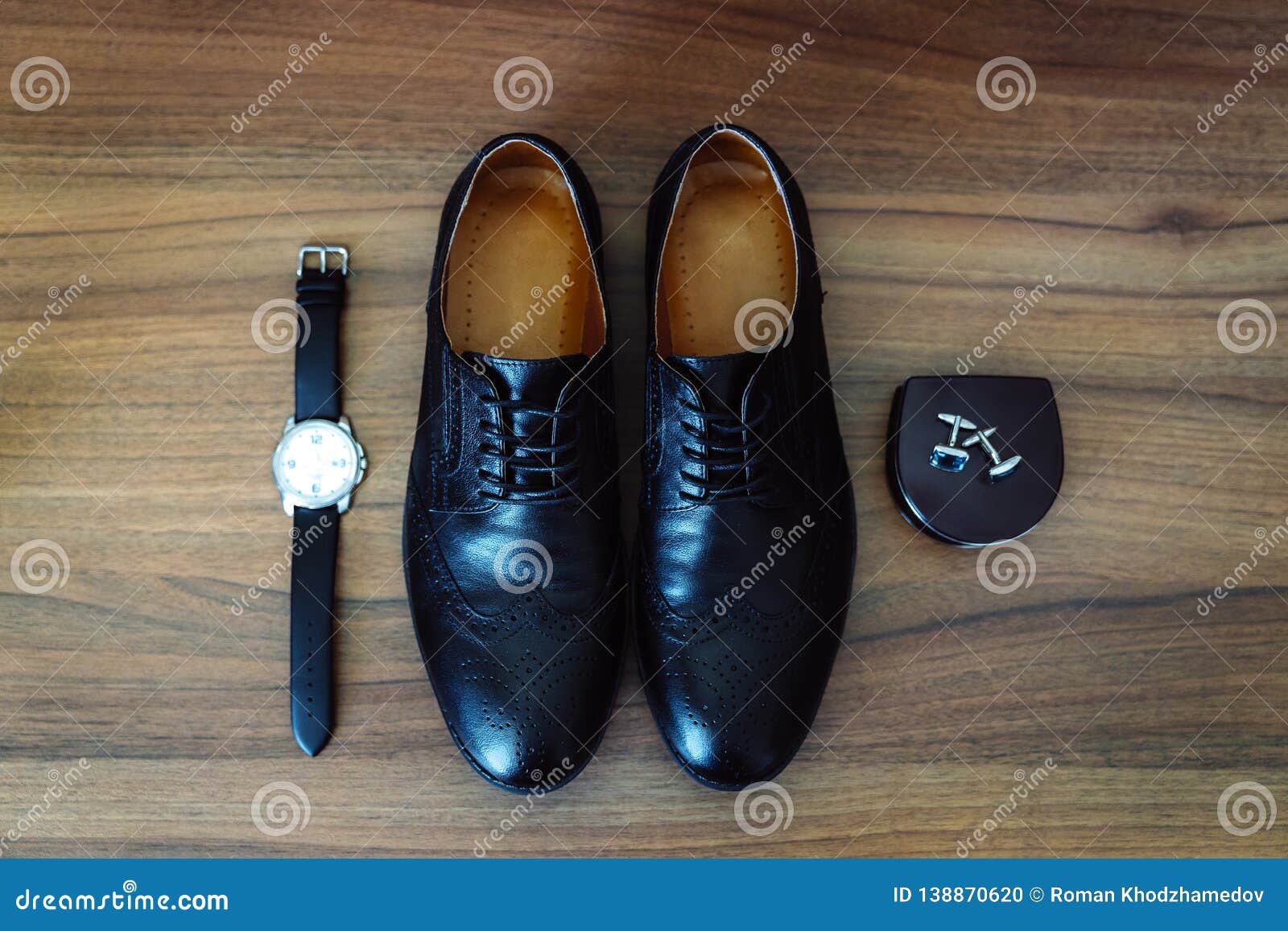 Men`s Leather Shoes, Watches and Cufflinks on the Background of a Brown ...