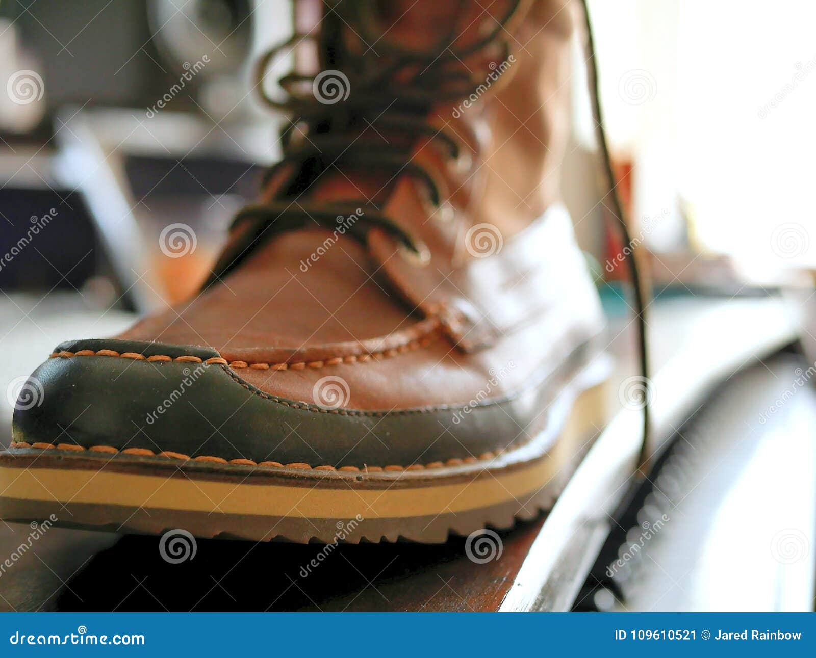 Men`s Leather Work Boot Sitting on Desk. Stock Image - Image of male ...