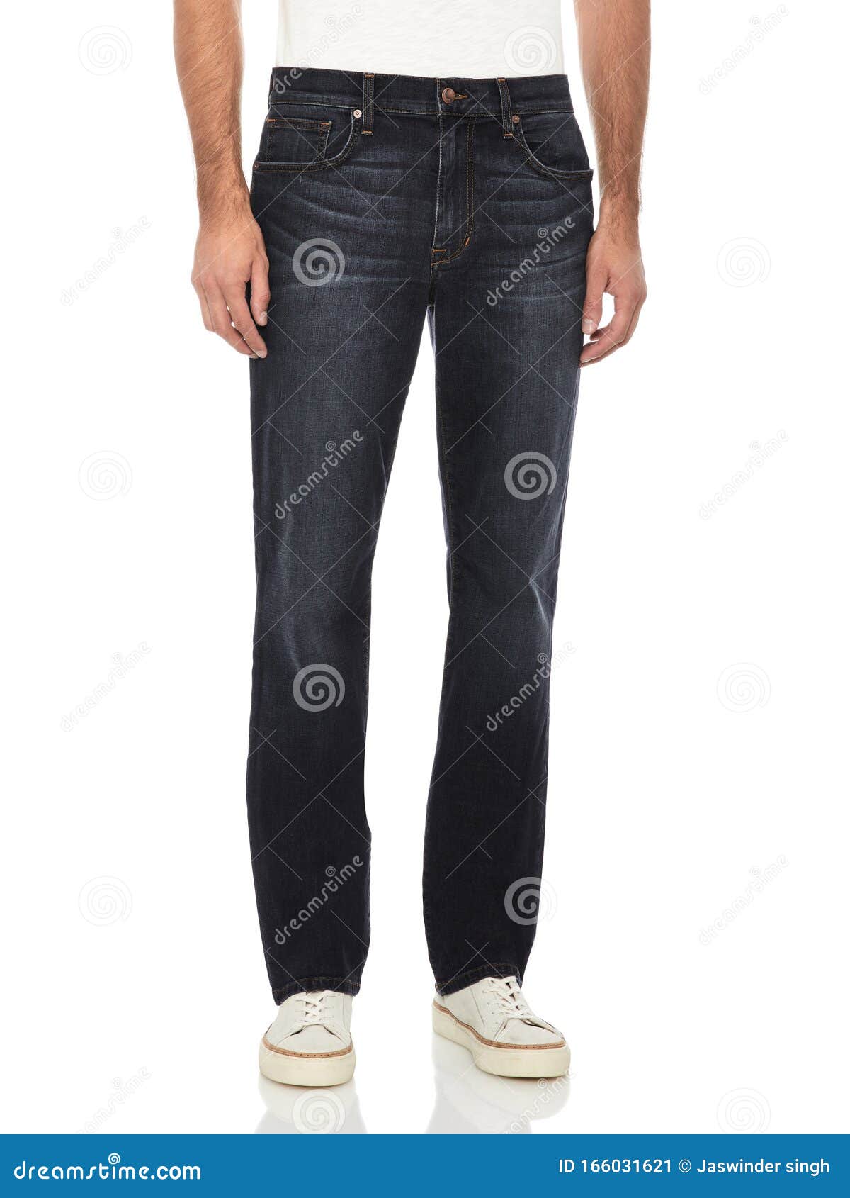 Men`s Regular Stretchable Dark Blue Slim Fit Jeans with White ...