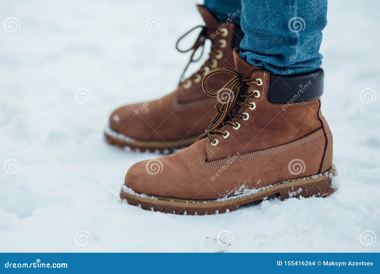 Men`s Warm Winter Boots on Snow. Stock Photo - Image of jeans, shoe ...