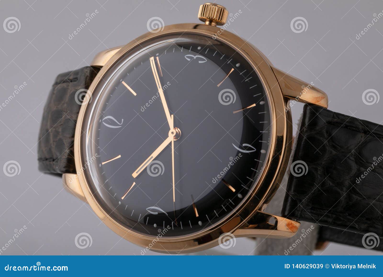 Men`s Watch with Black Leather Strap,black Dial, in Golden Body,golden ...