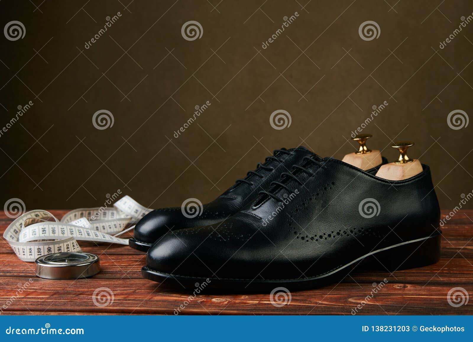 Men`s Wedding Shoes on a Brown Wooden Table, Close-up. Business Travel ...