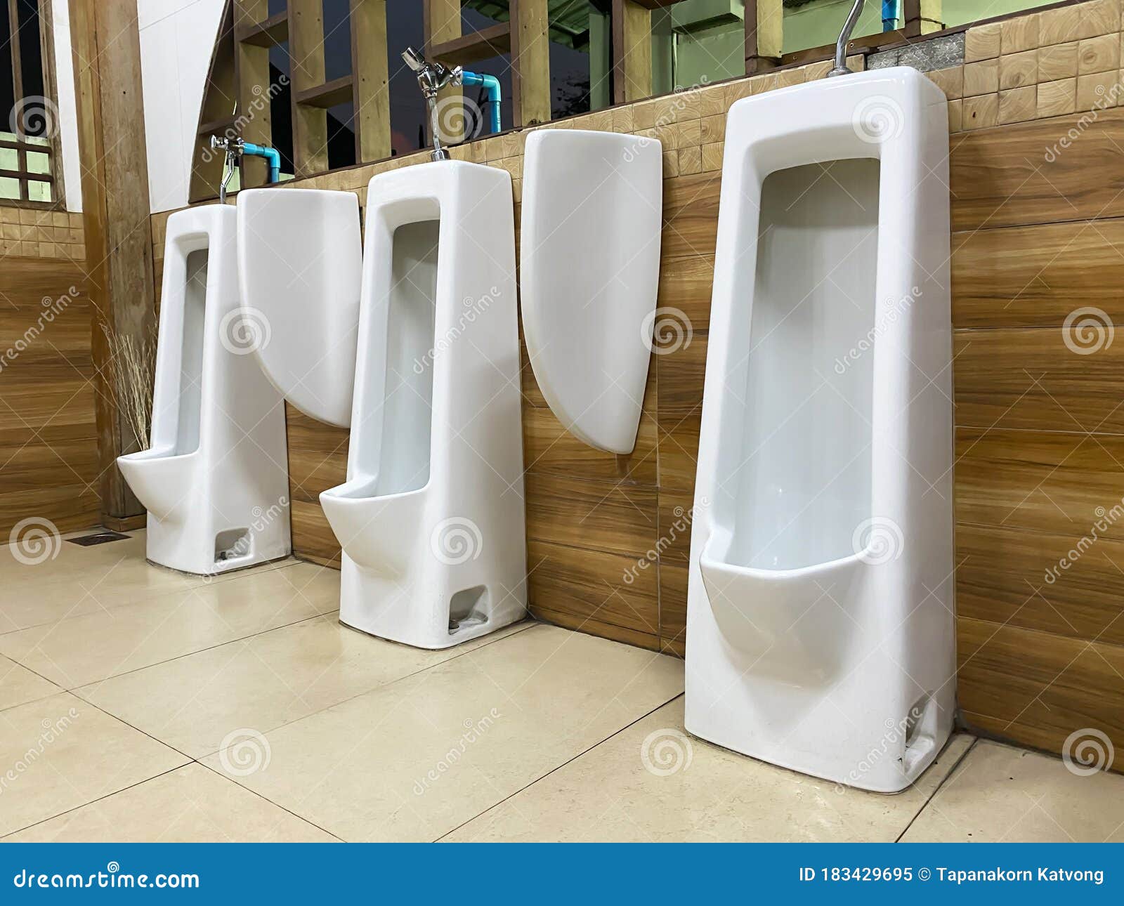 Men`s White Urinals Design Close Up Row Of Outdoor Urinals Men Public Toilet Stock Image 