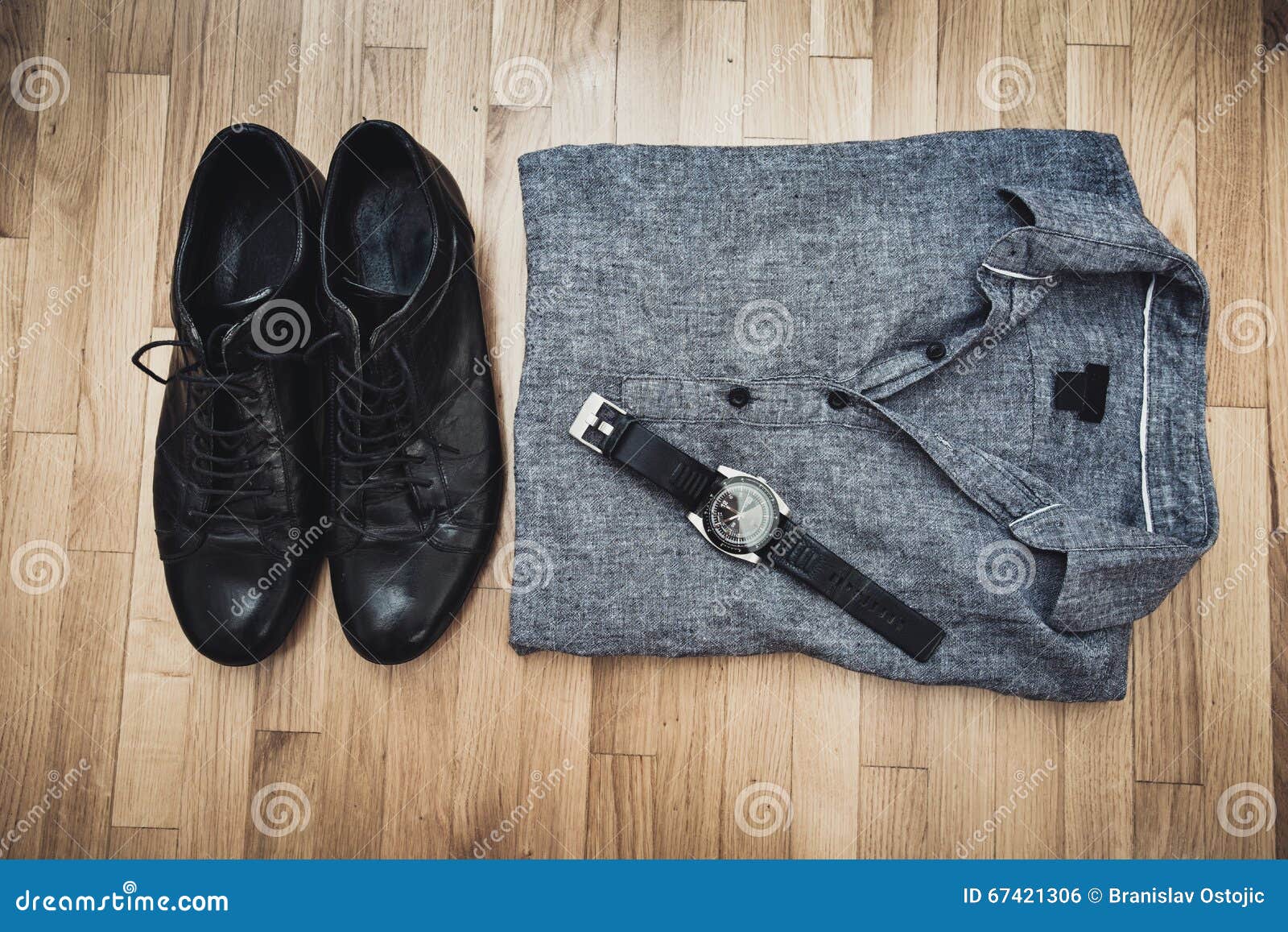 Men Shoes Shirt and Wristlet Watch Stock Photo - Image of leather ...