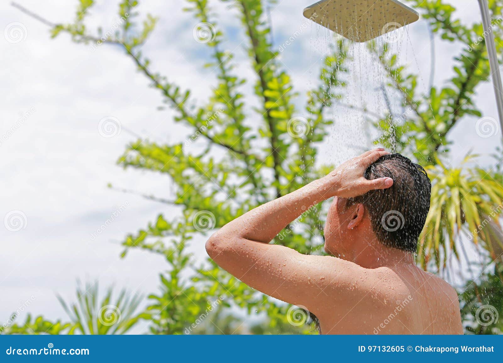 Men Showering Outdoor in the Resort. Stock Image Image of outdoor, casual 97132605