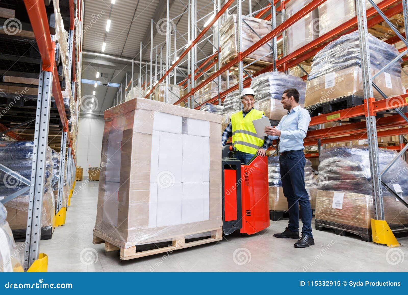 Men With Tablet Pc And Forklift At Warehouse Stock Image Image Of Loading Freight 115332915