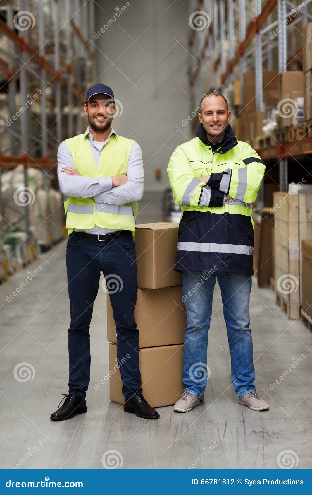 Men in Uniform with Boxes at Warehouse Stock Photo - Image of