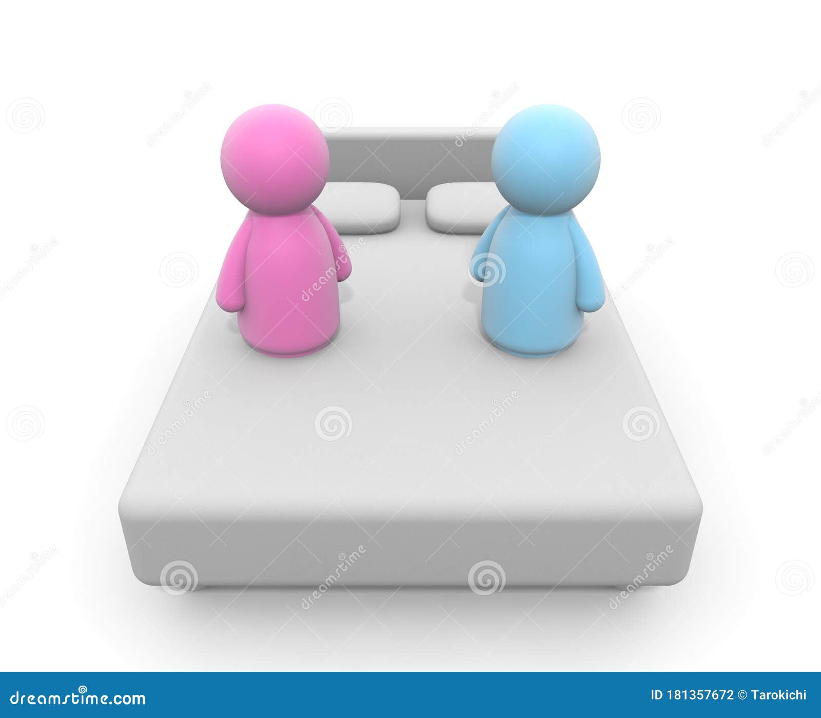 Men and Women on the Bed. Blue Color Men. a Pink Color Woman. 3D