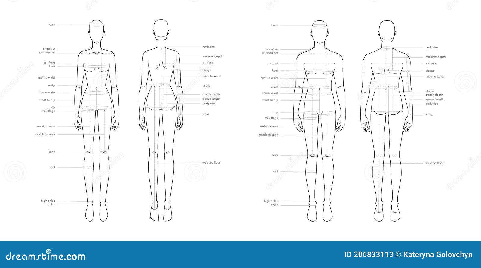 men and women body parts terminology measurements  for clothes and accessories production fashion