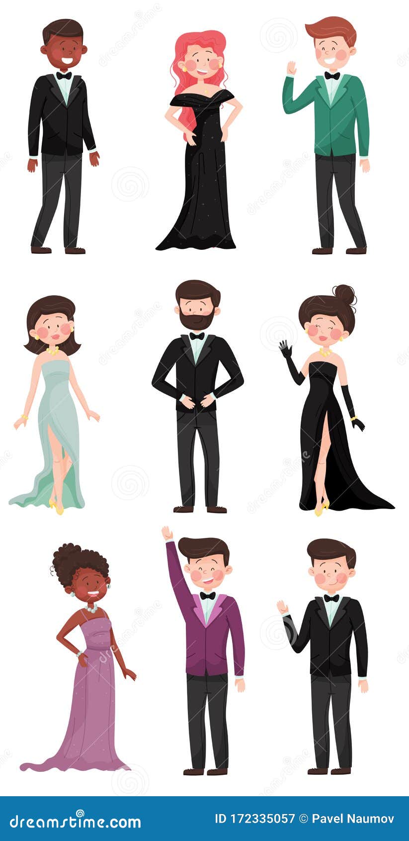 Men and Women Dressed in Evening Dresses and Suits Vector Illustrations ...