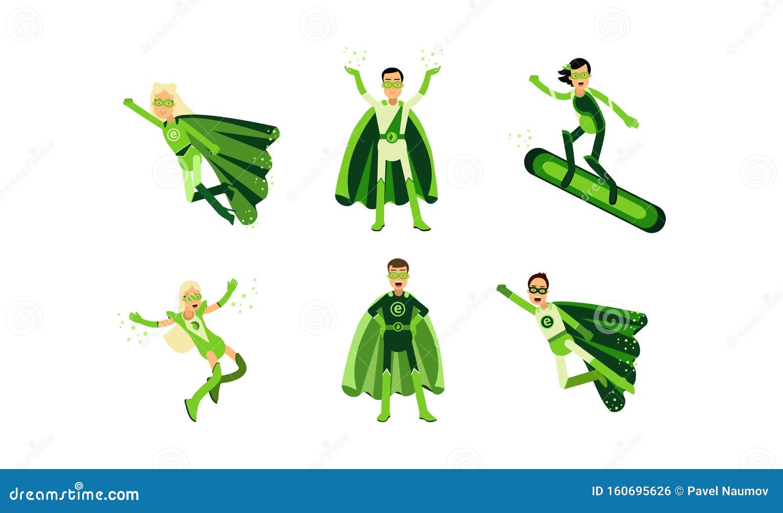  s of men and women in green superheroe costumes with ecological signe