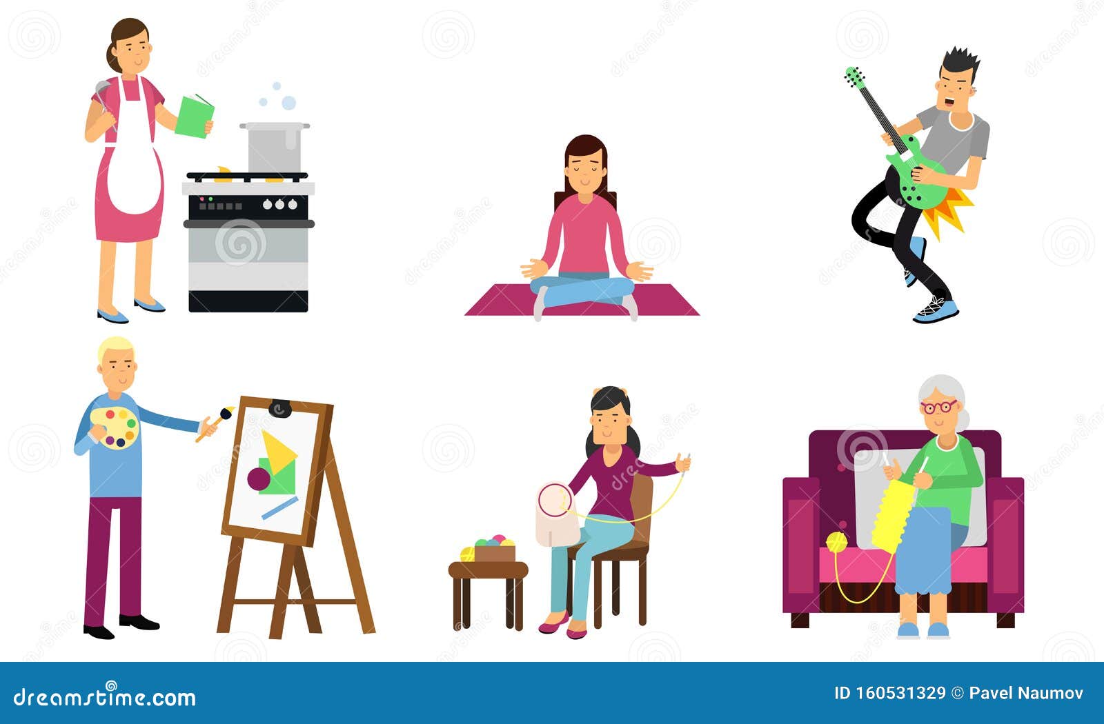 Men and Women Pursue Their Hobbies. Vector Illustration. Stock