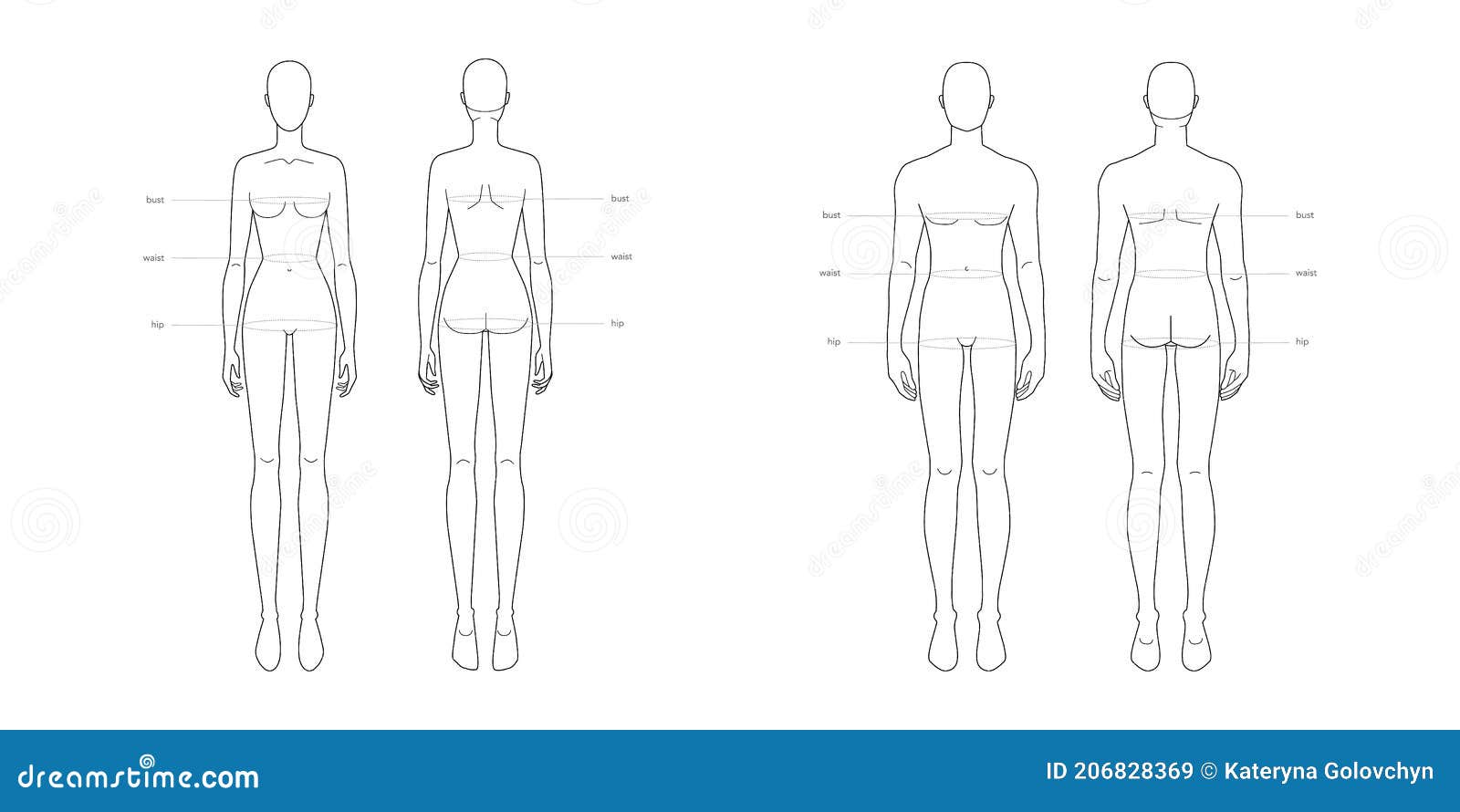 men and women standard body parts terminology measurements  for clothes and accessories production fashion