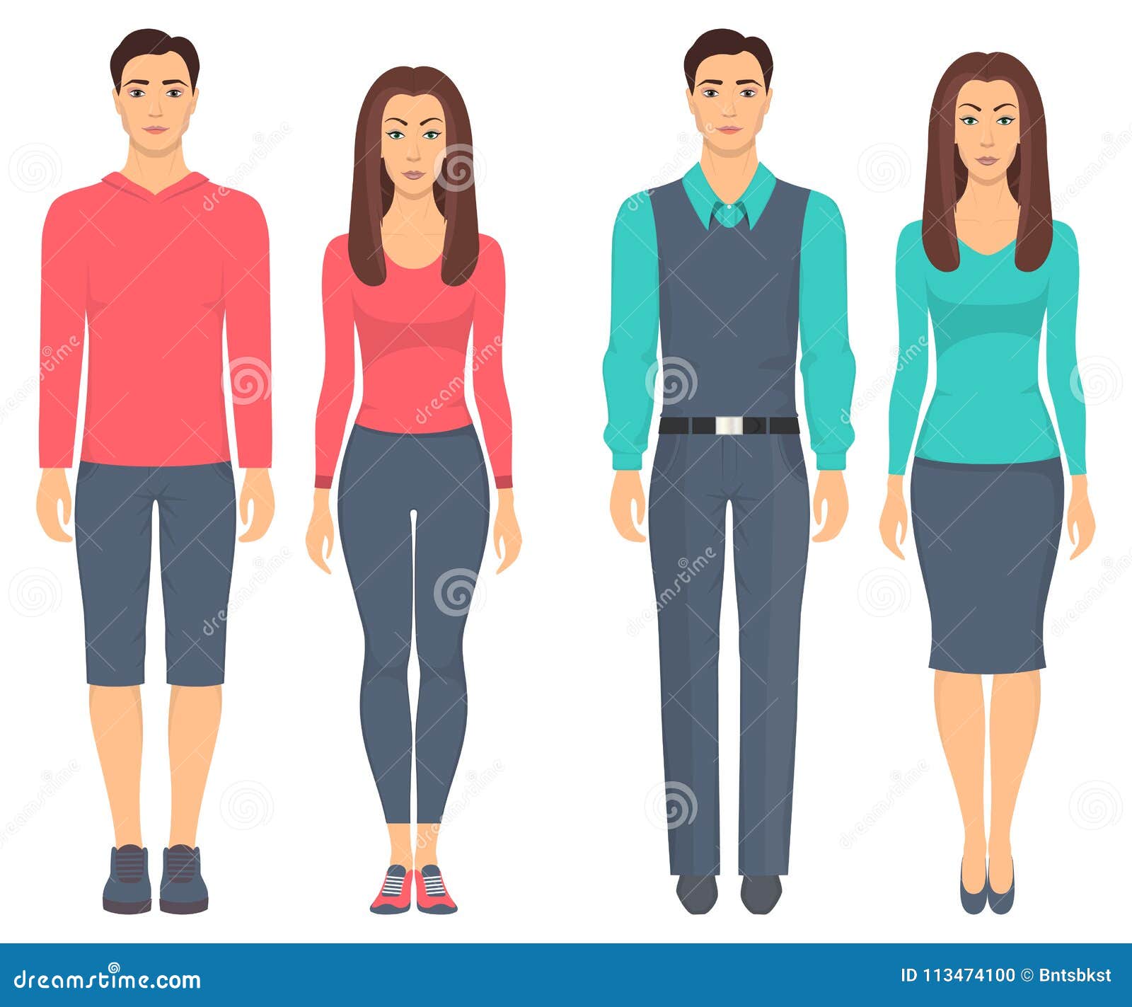 Men and Women Standing in Full Growth in Different Clothes. Couples in  Casual and Sport Clothes. Basic Wardrobe Stock Illustration - Illustration  of pants, jacket: 113474100