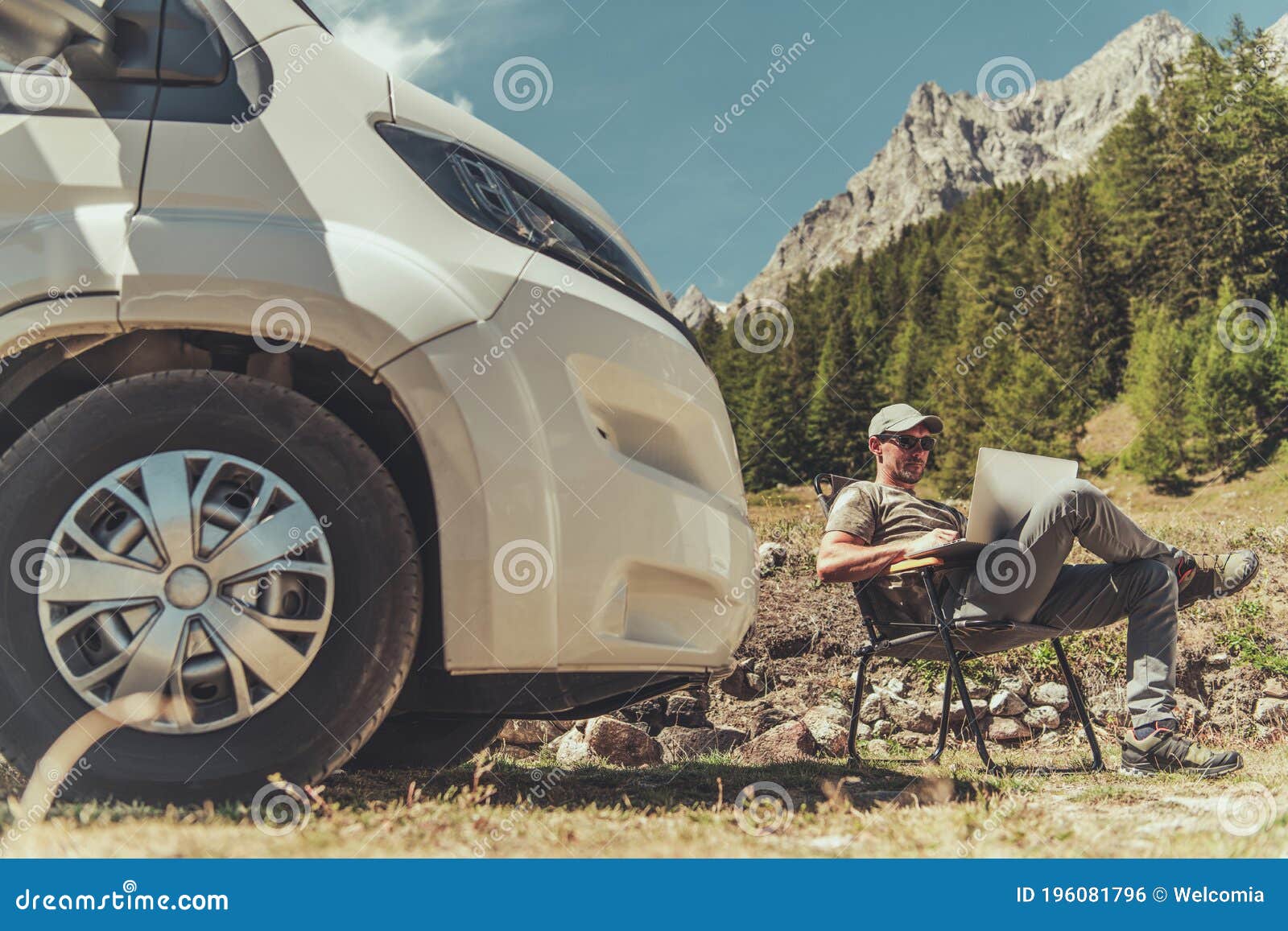 men working remotely while camping in motorhome