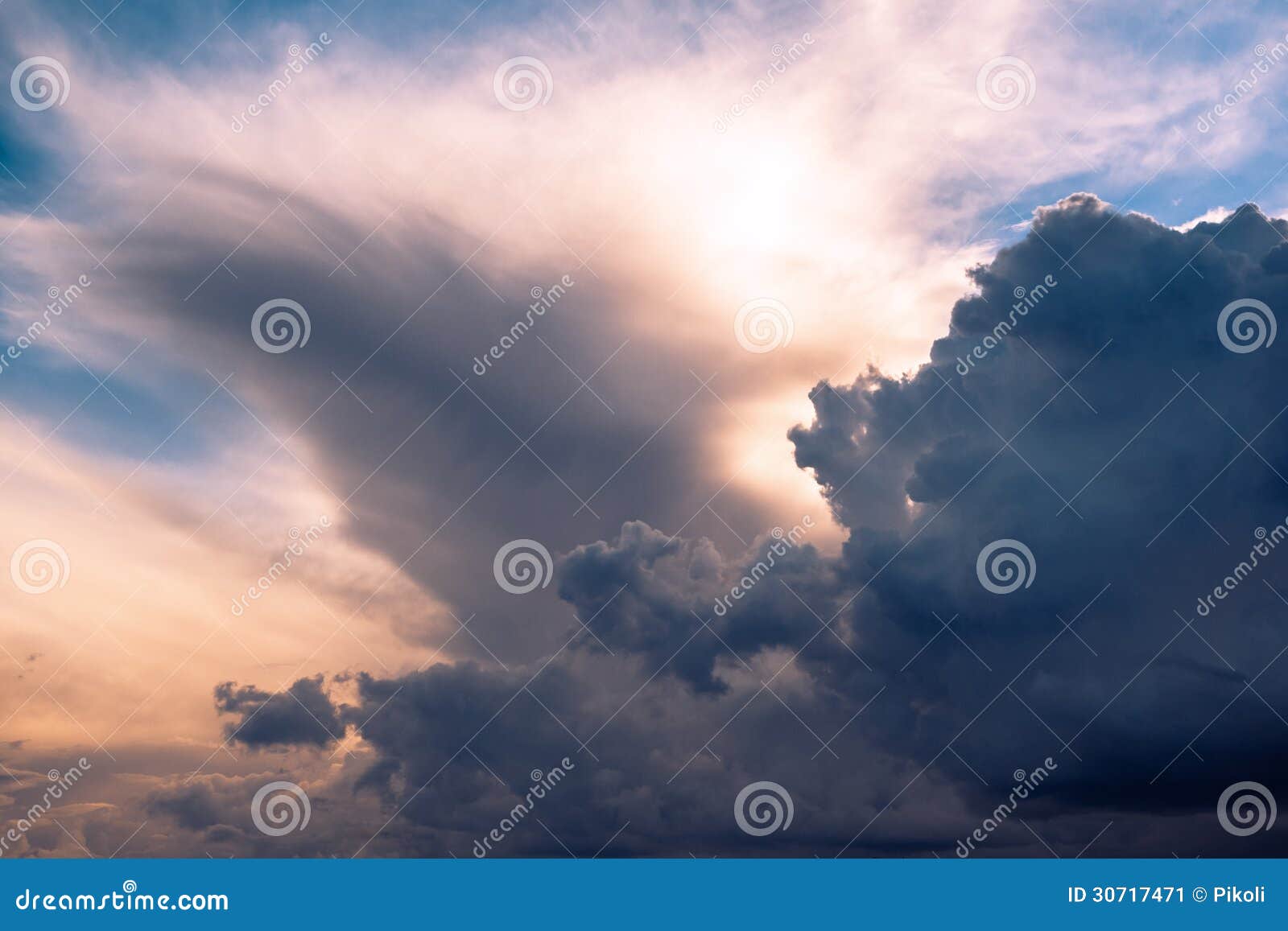 menacing sky with clouds and sun emerging through translucent clouds