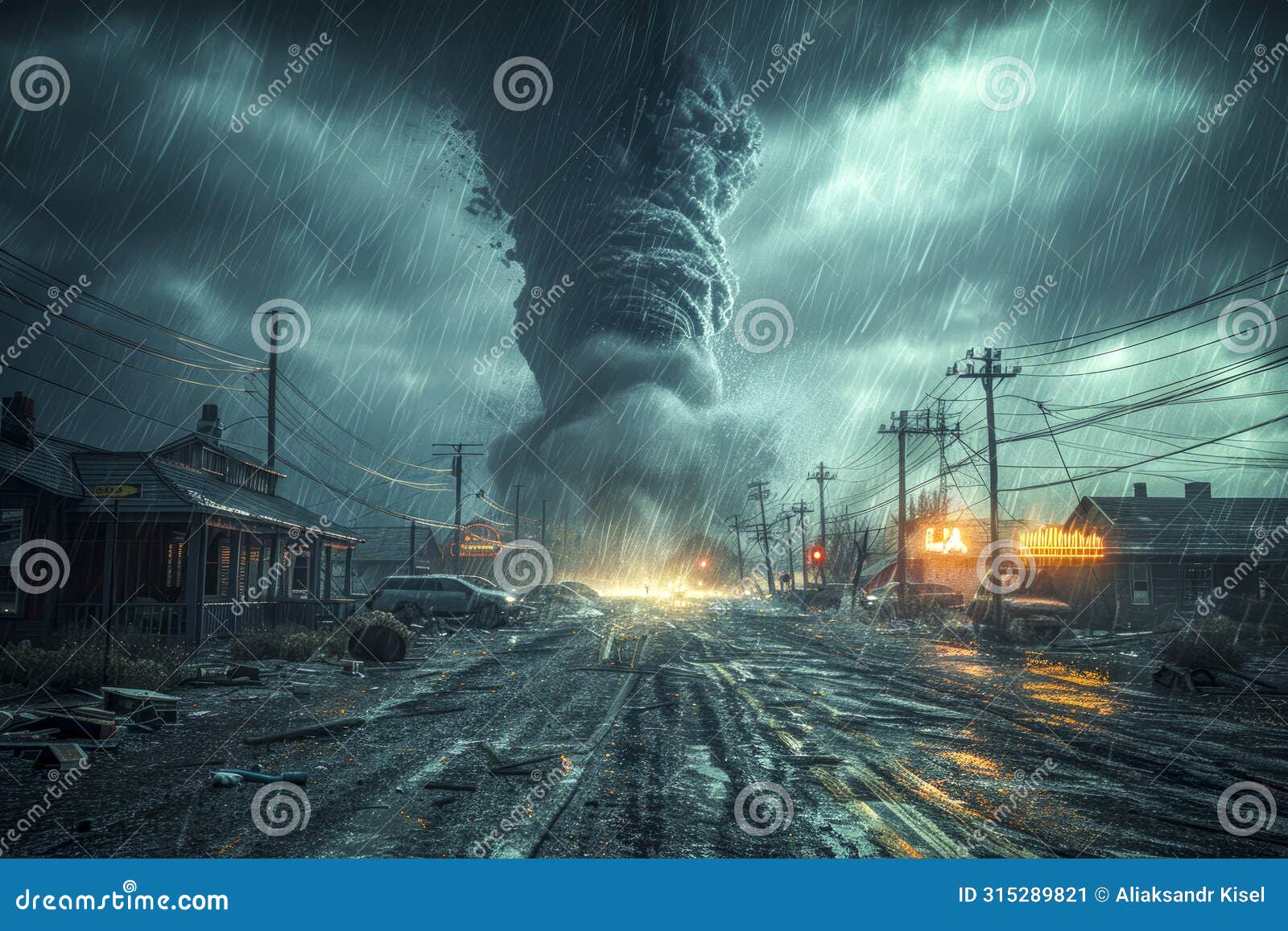 a menacing tornado looms over residential homes in a small town, its dark funnel cloud casting a shadow of fear. a