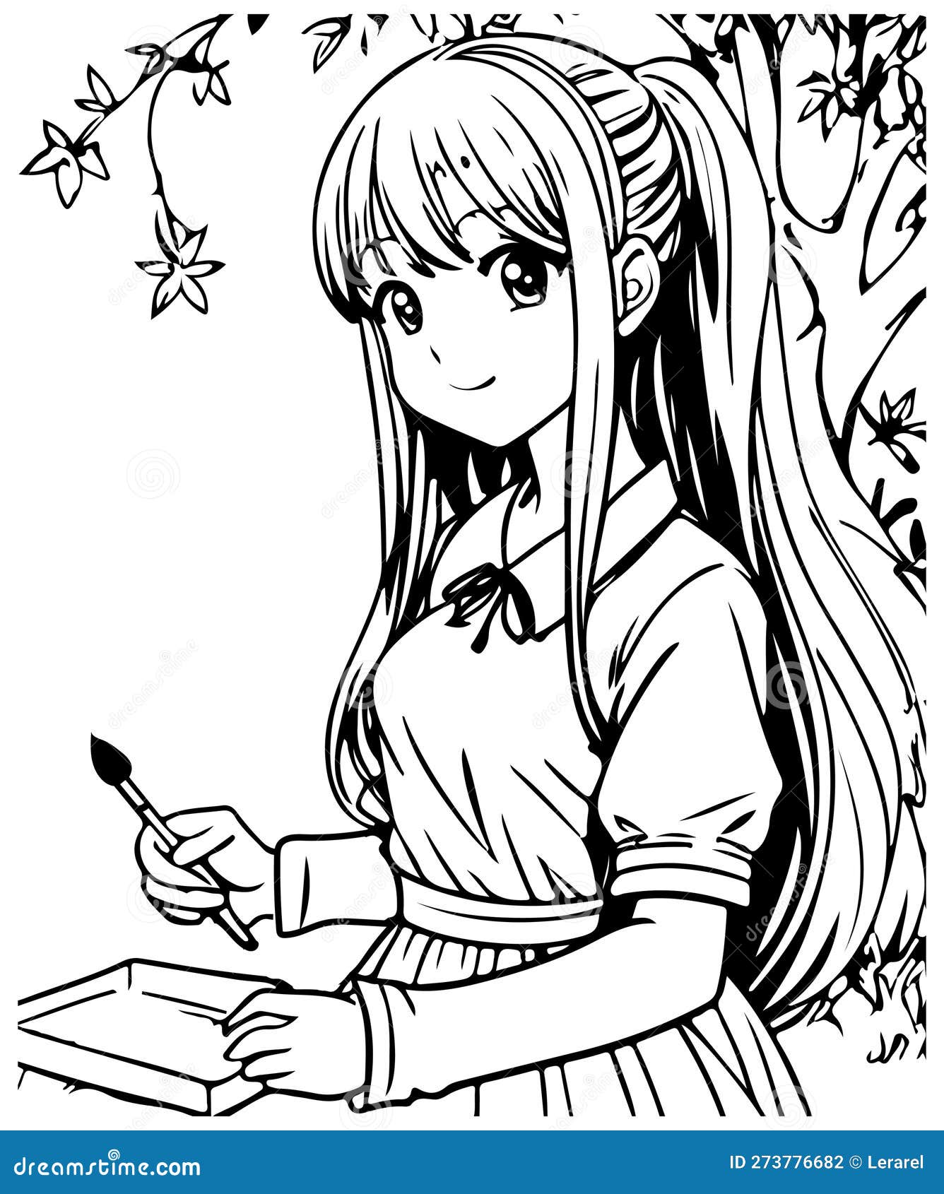 Página para colorir de anime em preto e branco, arte em linha de