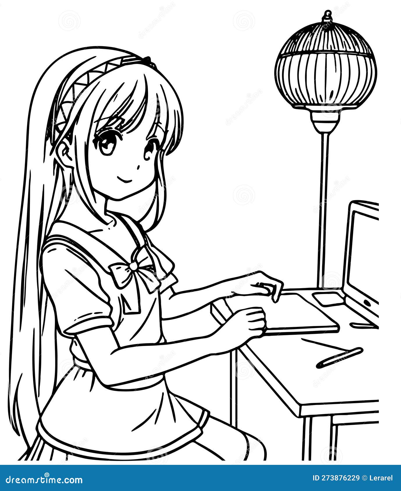 Menina Anime Sorrindo Coloração Vetorial Para Crianças Ilustração