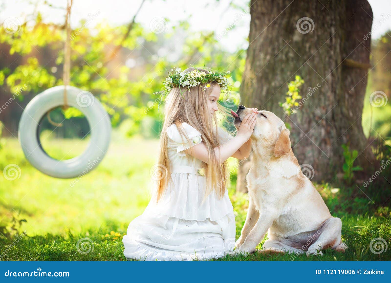 A menina bonito abraça um cão grande no parque do verão