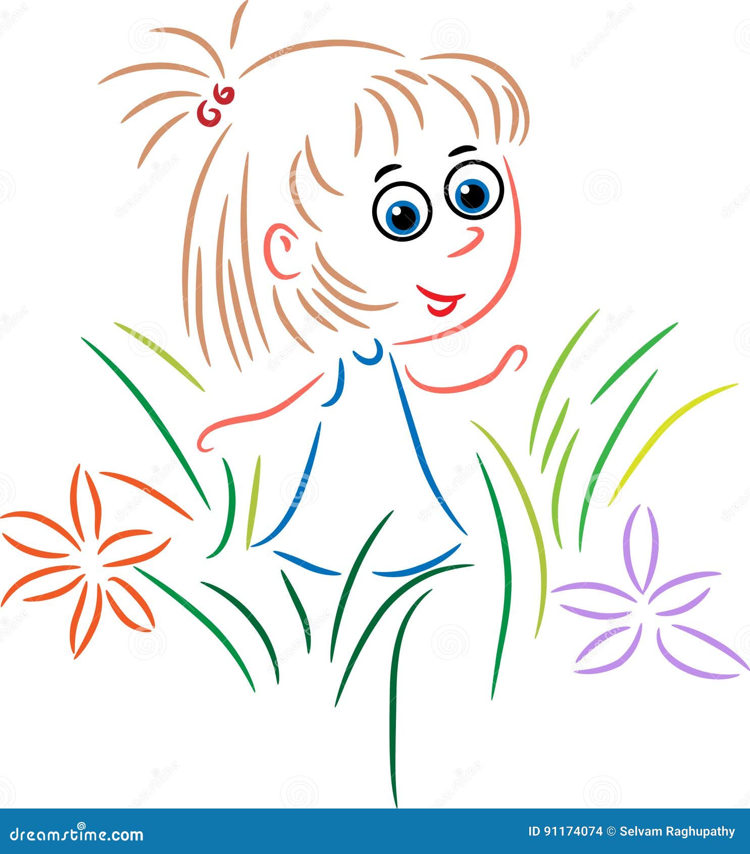 Menina bonito em um jardim. Menina bonito adorável em uma imagem dos desenhos animados do jardim