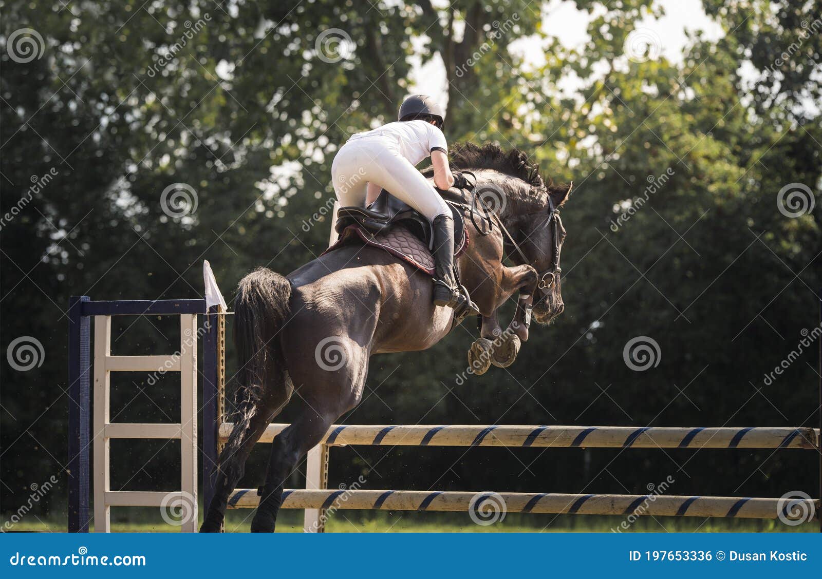 Há uma mulher montando um cavalo pulando sobre um obstáculo