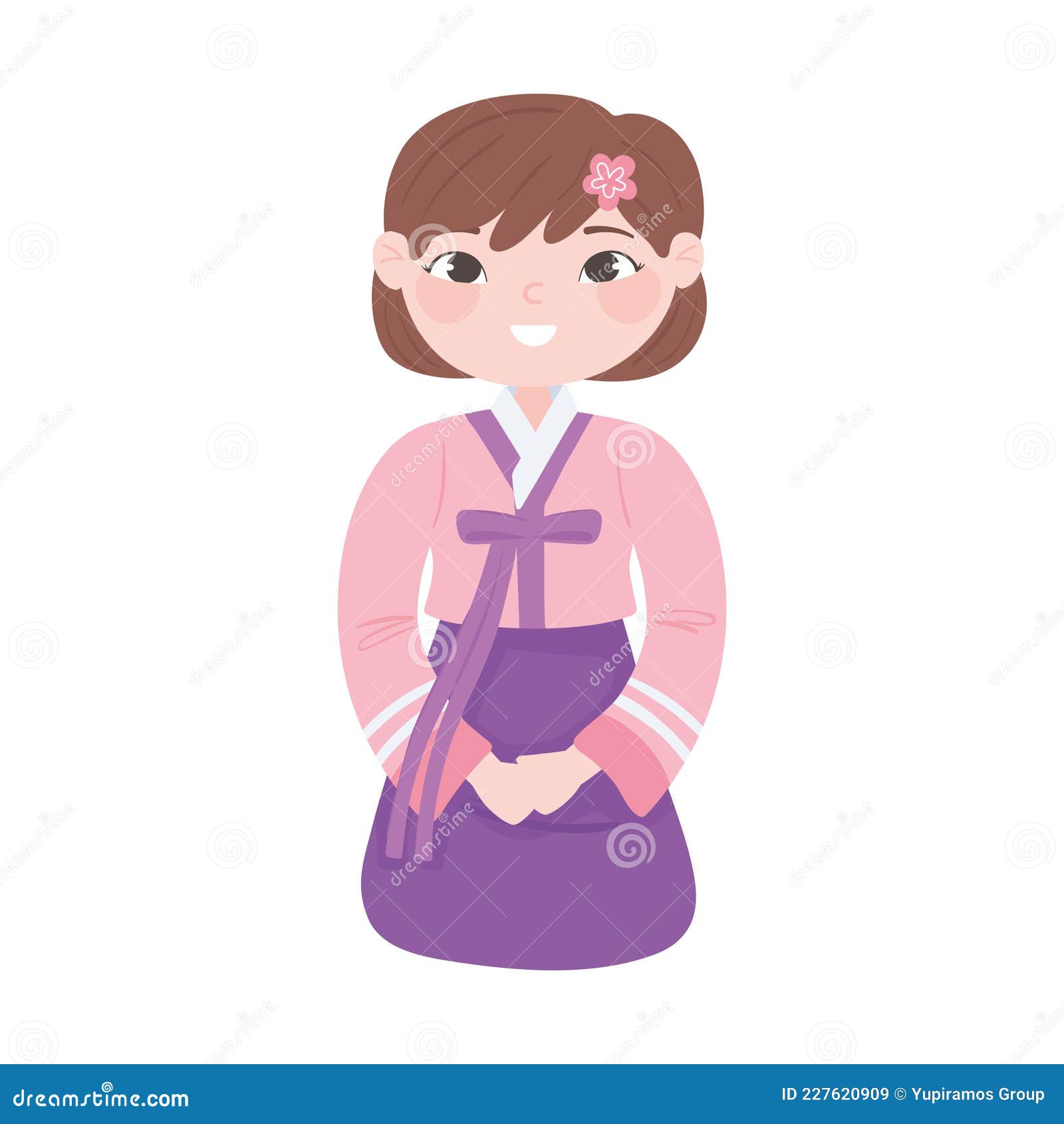 Personagem de garotas kawaii fofas coreanas em ilustração de conjunto de  desenhos animados de vestido hanbok coreano tradicional