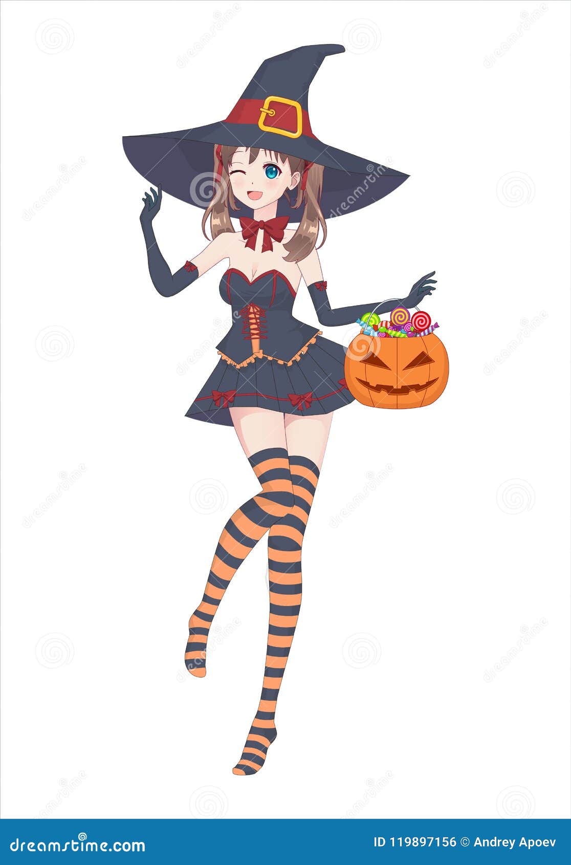 Linda bruxa segurando abóbora de halloween em estilo anime