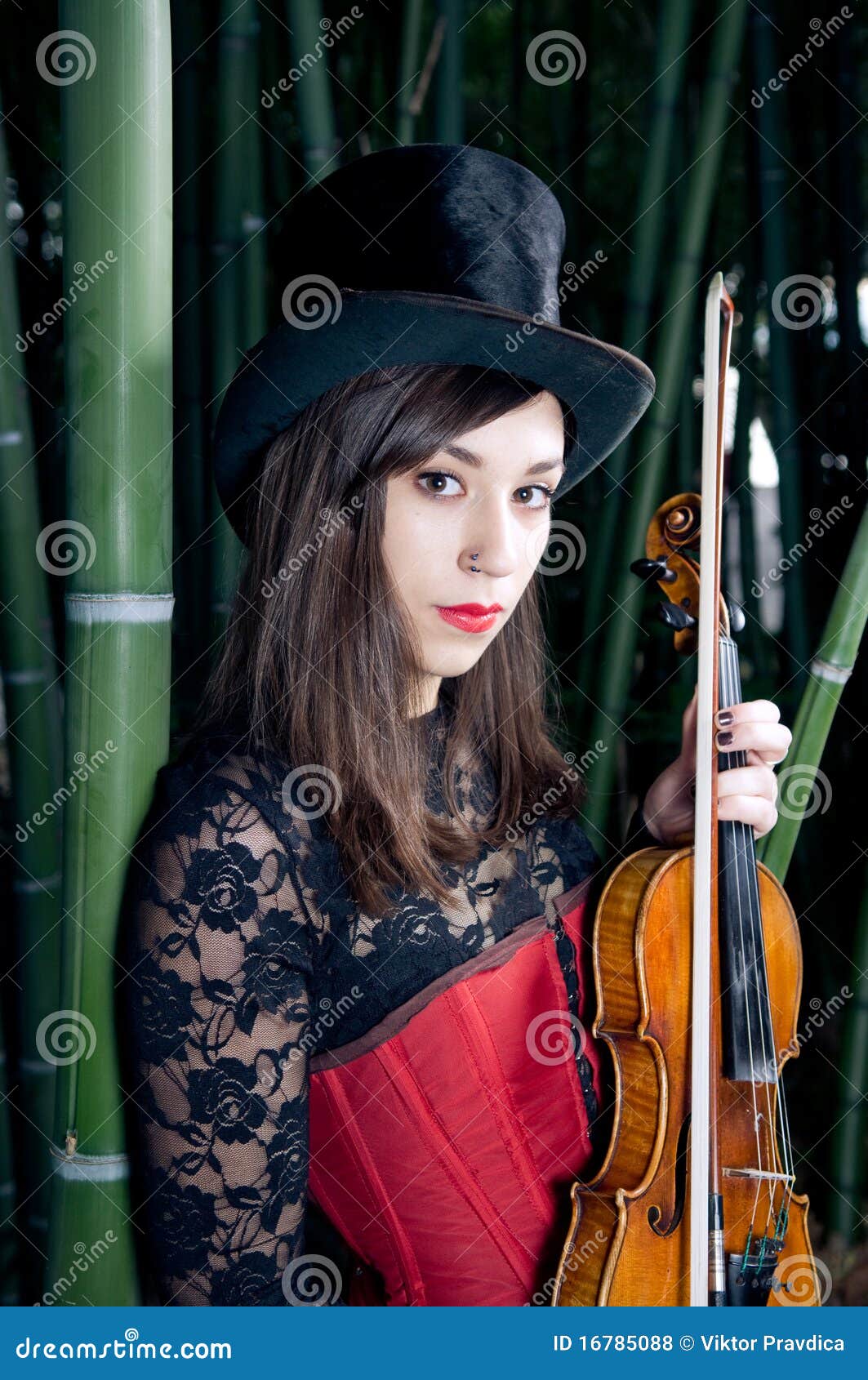 Menina do violino. Violino consideravelmente gótico da terra arrendada da menina