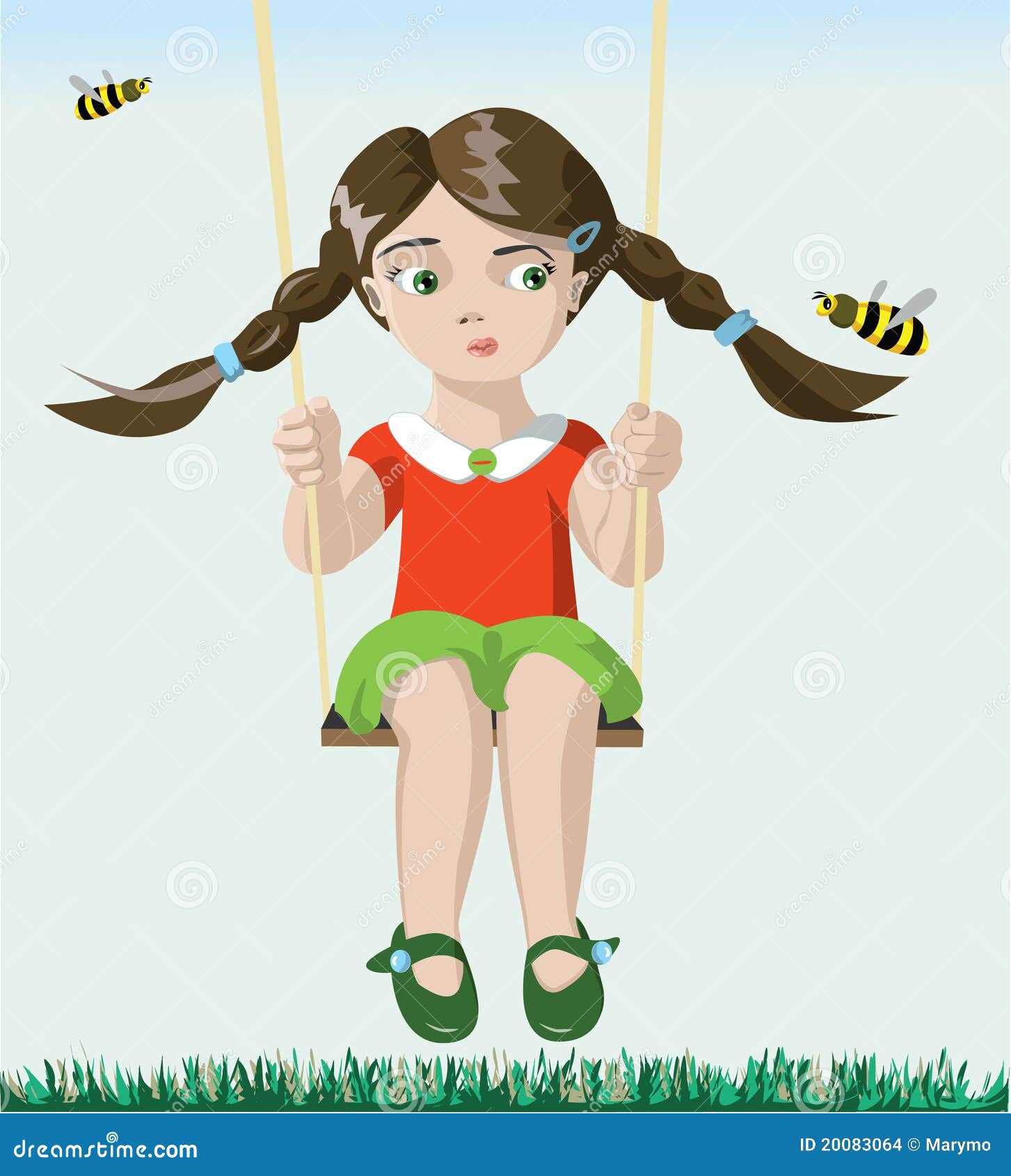 Menina em um balanço. Menina bonito que estava montando em um balanço e viu uma abelha. Ilustração dos desenhos animados do vetor.