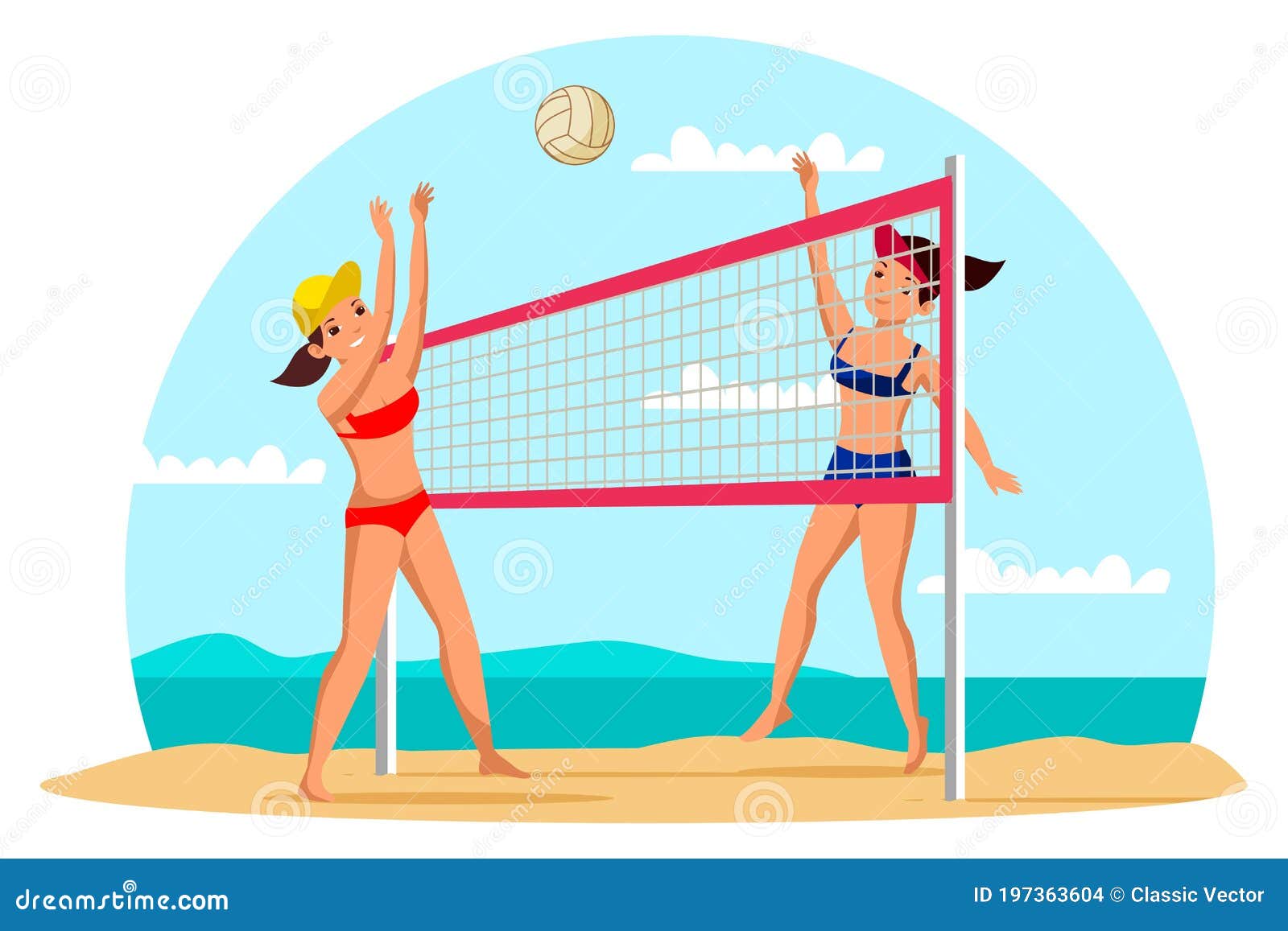 Cartoon pessoas felizes jogando vôlei na beira-mar, Gráficos - Envato  Elements