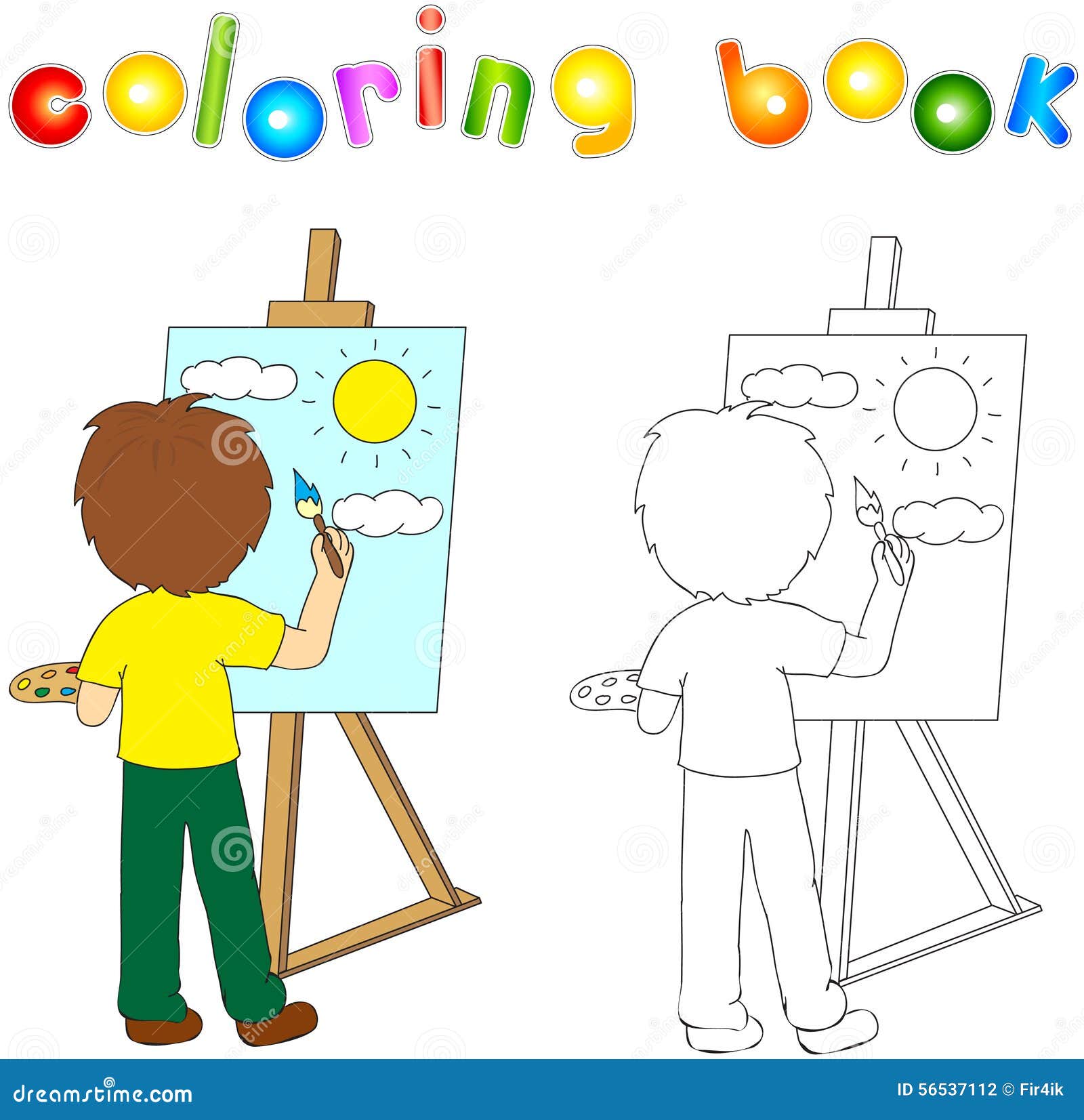 Bonito jovem artista pintando sobre tela. profissões de pessoas. página do  livro de colorir dos desenhos animados para crianças.