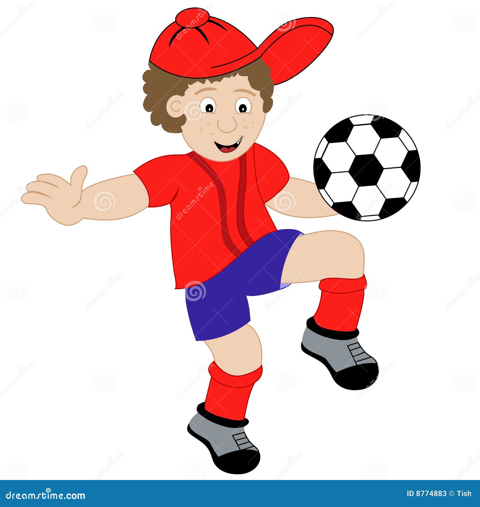 Um menino personagem de desenho animado jogando futebol