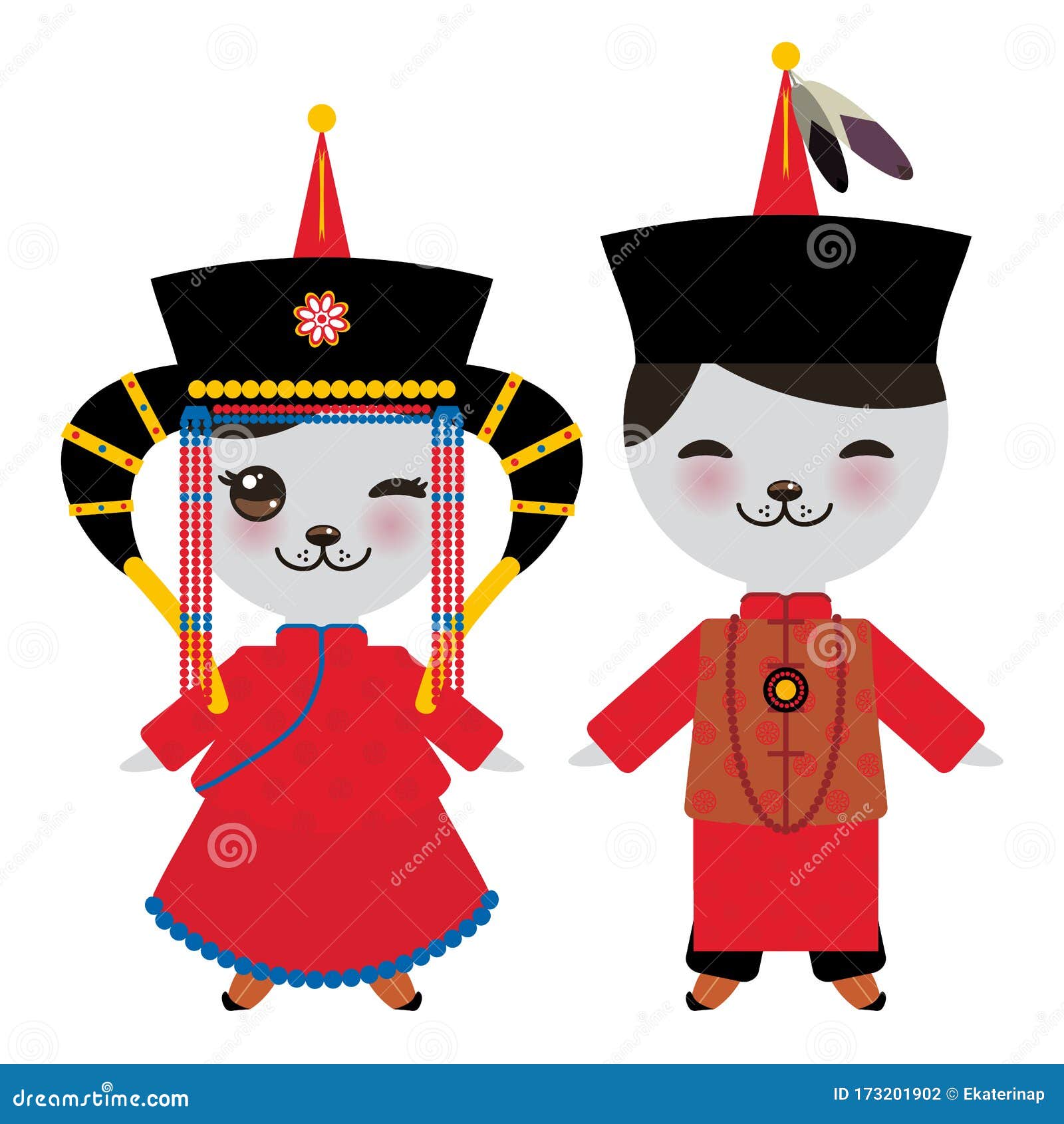 Menino E Menina Mongol Com Roupa Nacional Vermelha E Chapéu. Gato Kawaii De  Desenho Animado Tradicional. Isolado Em Fundo Branco. Ilustração do Vetor -  Ilustração de kazakh, antigo: 173201902