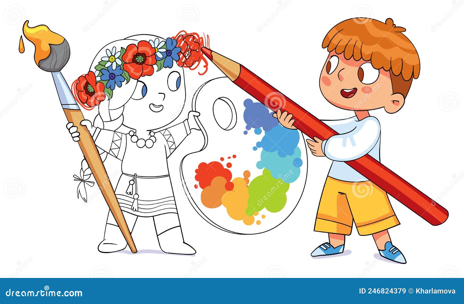 Menino com pincel artista de criança pintando personagem de desenho animado