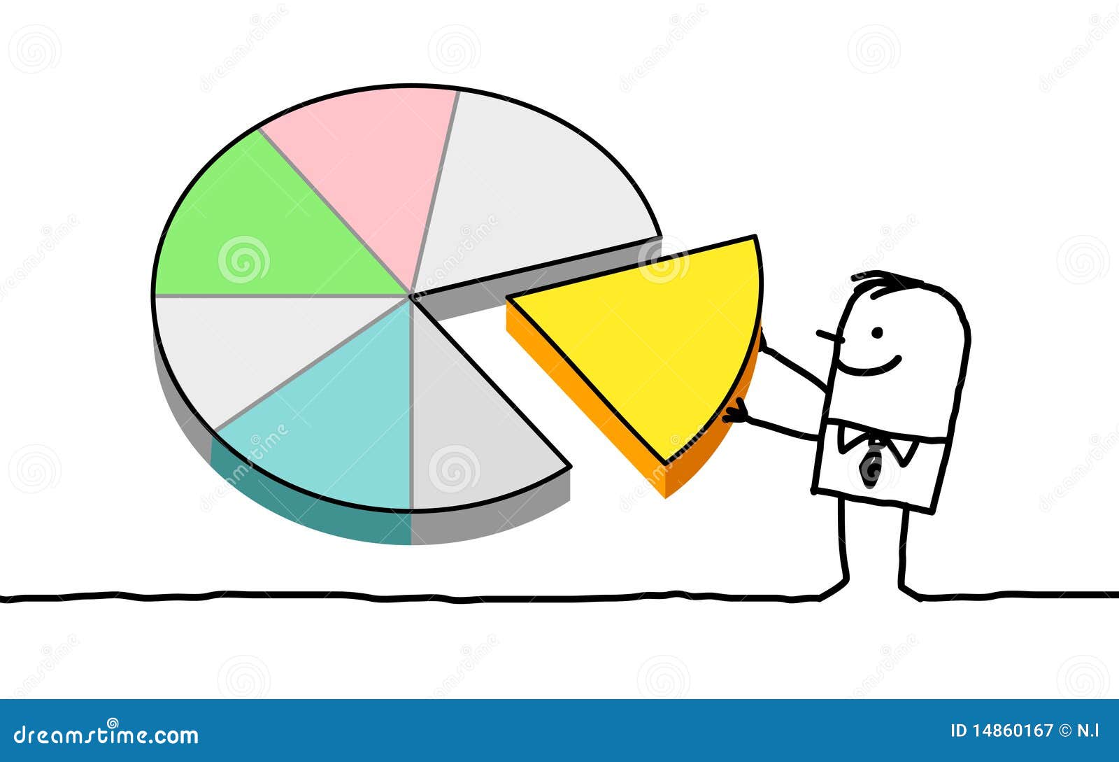 Mens en cirkeldiagram. Vector hand getrokken beeldverhaalkarakters -