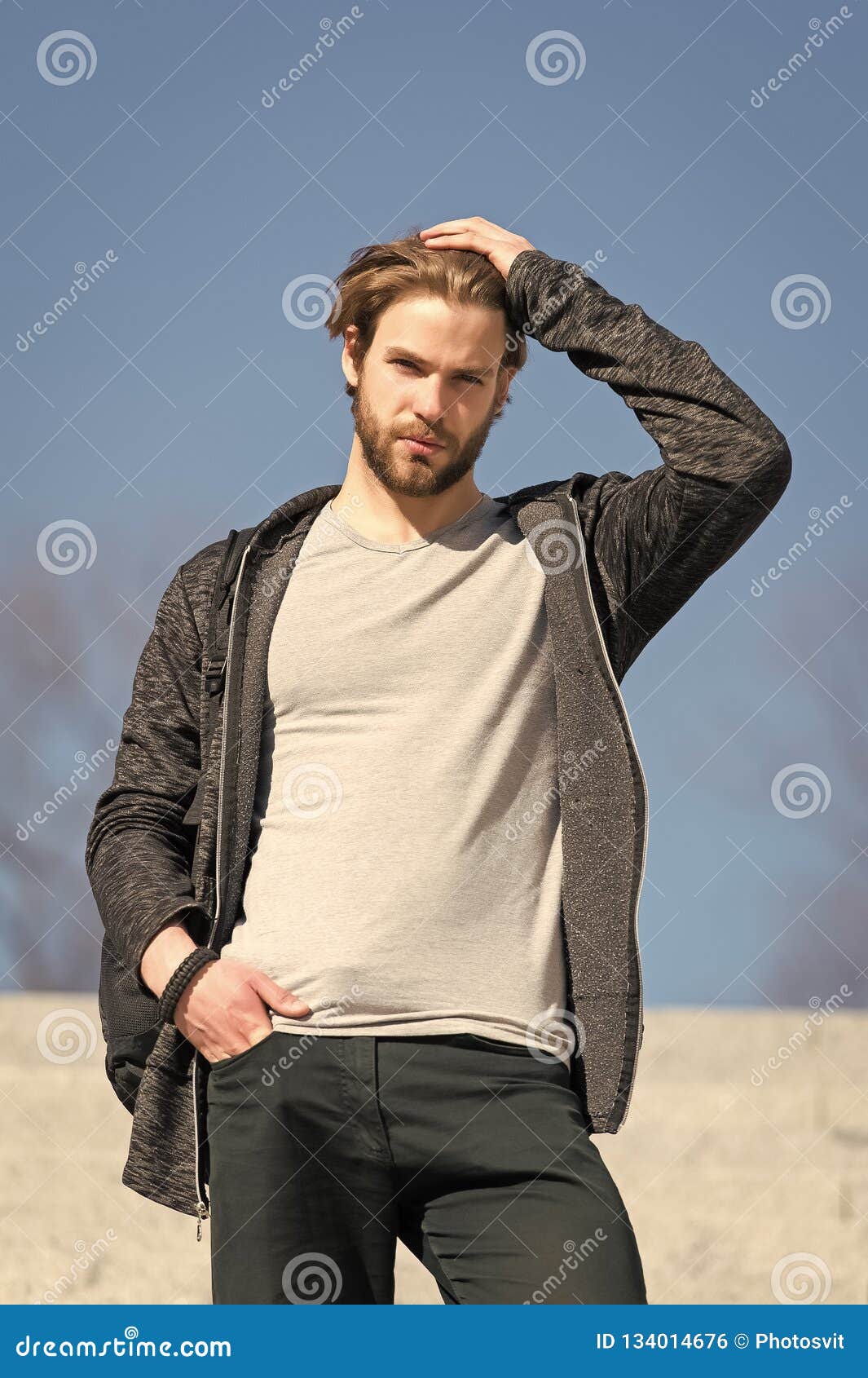 Mens Fashion and Style. Man with Beard in Casual Wear Touch Hair on Sunny  Outdoor, Fashion Stock Photo - Image of caucasian, model: 134014676