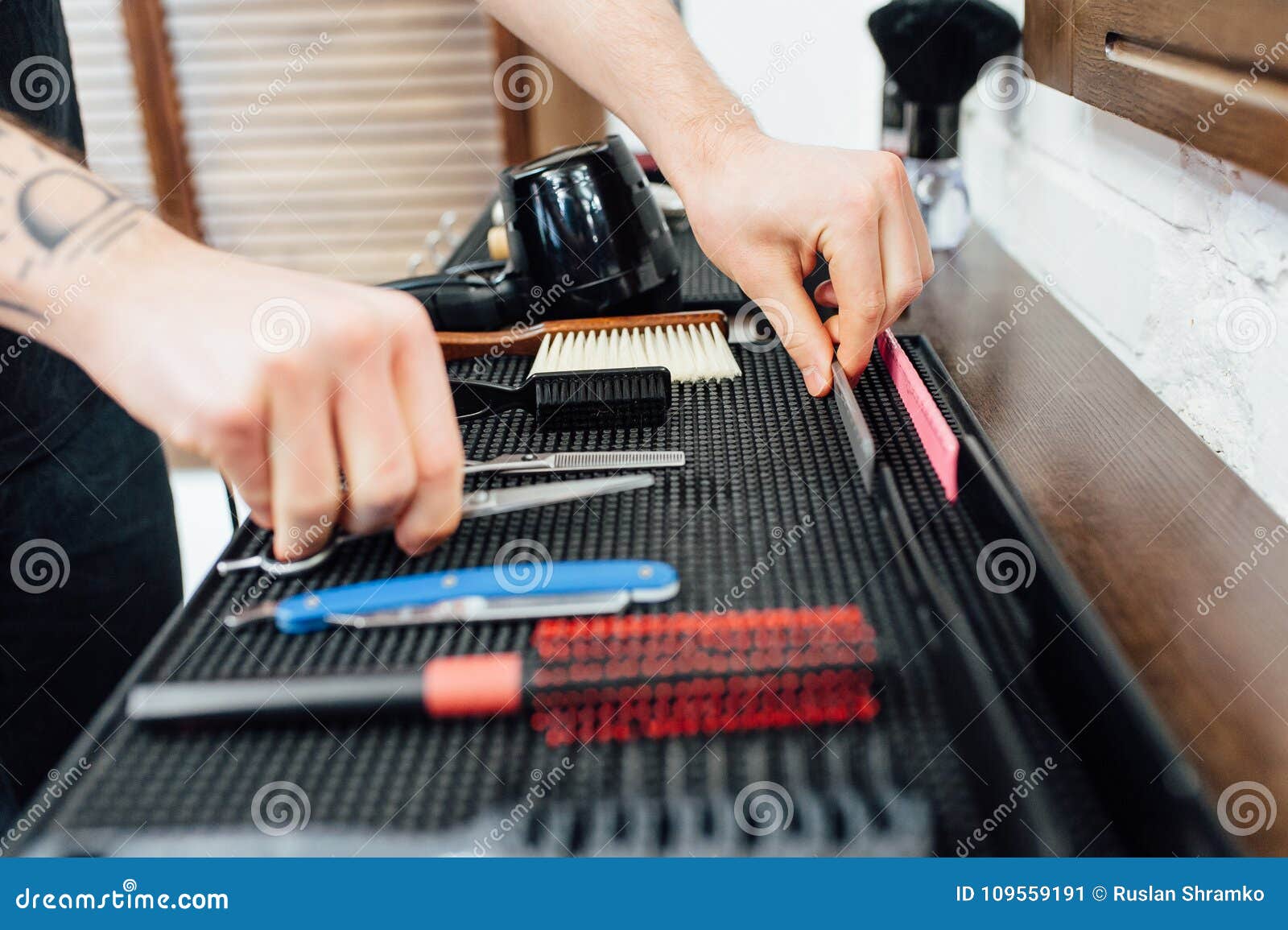 Mens Hairdressing Desktop with Tools for Shaving Stock Image Image of