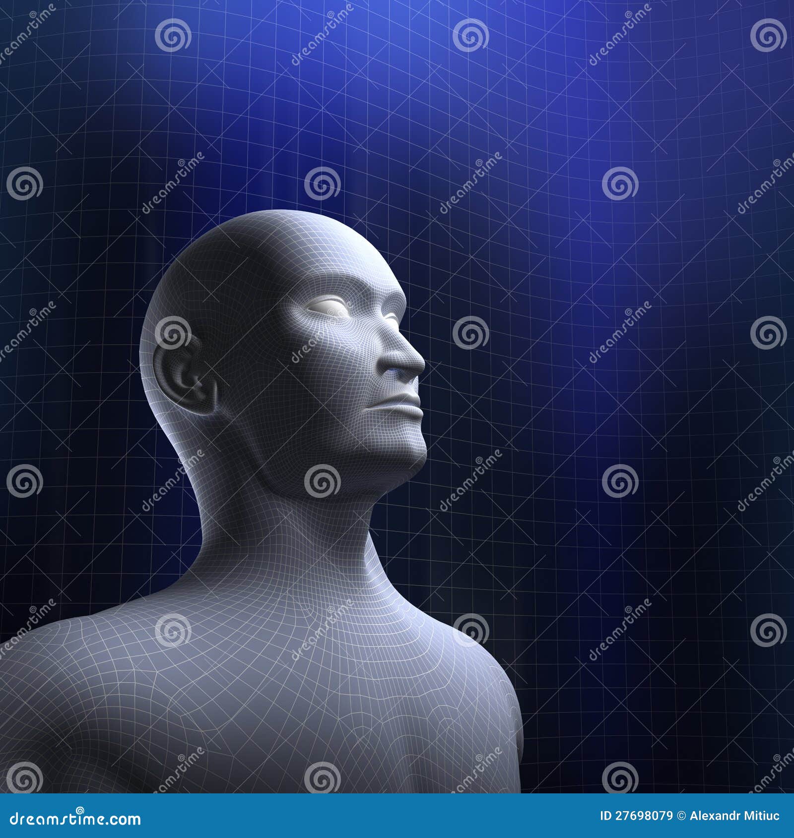 Menselijke hoofddraadwijze. Menselijke hoofddraad model en blauwe achtergrond